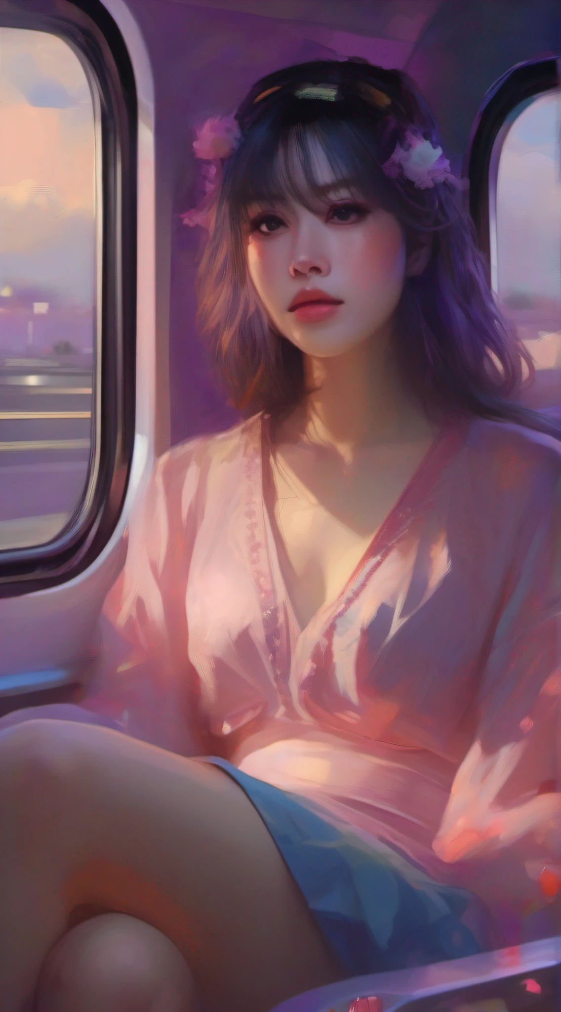 illustartions "bus", concept art by Pino Daeni, Jeremy Mann, Greg Rutkowski, Konstantin Razumov, Vladimir Volegov, Realistic close-up portrait, eun-ji playing electric guitar, sitting inside the bus, long purple hair, wearing vneck and mini skirt, clean face, sakura garden, epic cloud, sunrise, 4k, light reflected in the eyes, studio portrait, soft light, bezel lighting, bokeh background, picturesque, buff painting, (detailed faces:1. 3), (Detailed Eyes:1.3, 8K, HDR, RGB, Ultra-HD --ar 16:9 --q 5 --s 1000 --style raw