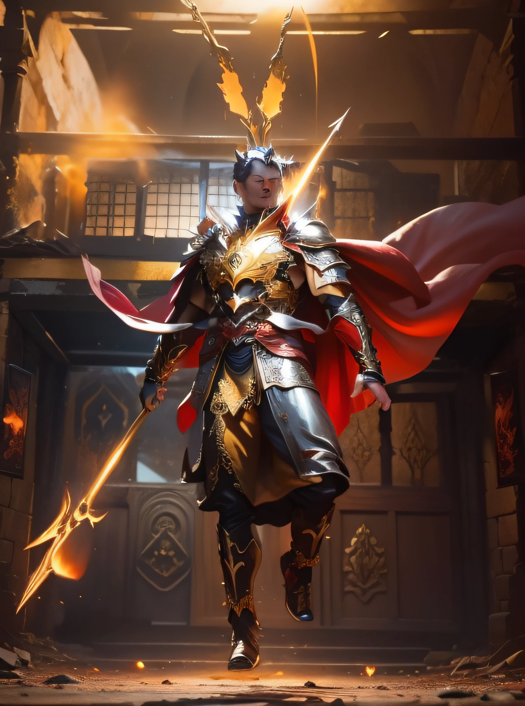 (high qulity), photorealestic, (oil painted) jewely, (solo person), (dynamicposes), To the right, ((portal to hell)), firey, Hell view, (The Underworld), (Dark landscape), Humanity,musculous,(Holds golden scales),dynamicposes,cinematic ligh,Dramatic camera angles,Golden armor:0.25,Red and gold cape,(Good anatomy),(good proportions),Award-Awarded,tmasterpiece,at centre,Face HD,high qulity