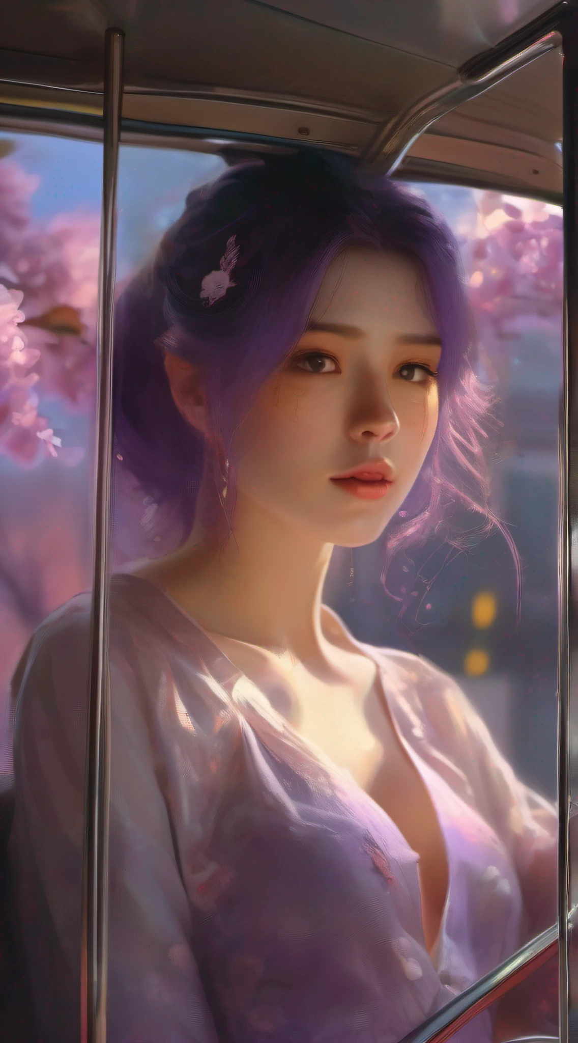 illustartions "bus", concept art by Pino Daeni, Jeremy Mann, Greg Rutkowski, Konstantin Razumov, Vladimir Volegov, Realistic close-up portrait, eun-ji playing electric guitar, sitting inside the bus, long purple hair, wearing vneck and mini skirt, clean face, sakura garden, epic cloud, sunrise, 4k, light reflected in the eyes, studio portrait, soft light, bezel lighting, bokeh background, picturesque, buff painting, (detailed faces:1. 3), (Detailed Eyes:1.3, 8K, HDR, RGB, Ultra-HD --ar 16:9 --q 5 --s 1000 --style raw