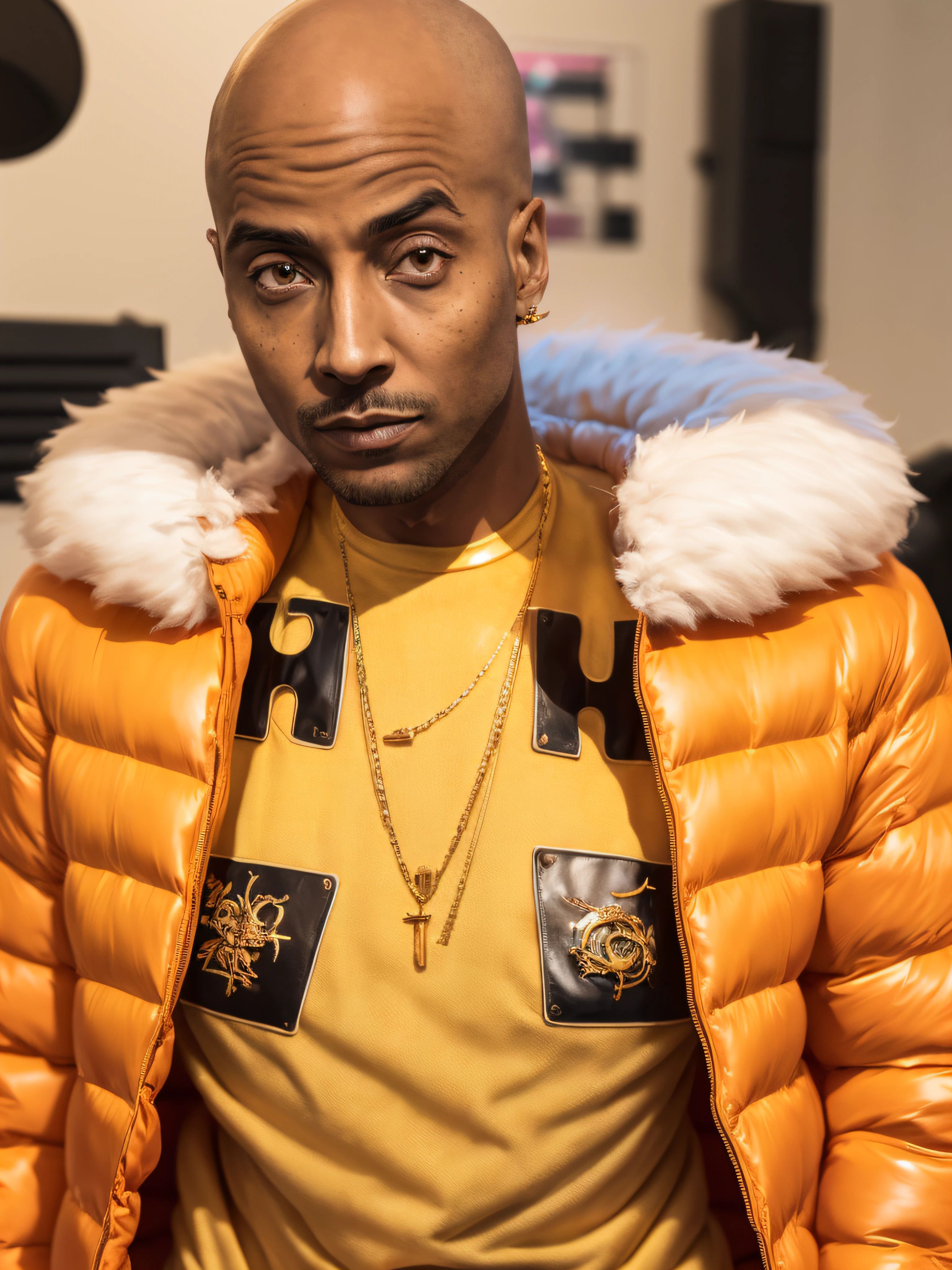1rapper with Bald hair in a recording studio, Unique mink Fur Jacket (Virgal Abloh) (H R Gigger), fog, detailed and realistic image, amazing composition with vintage scenery with abstract shapes, abstract minimalist background with tentacles, melt, drip, yoshitomo nara:1.5, wes anderson:1.3, new casualism, retro, minimalism,BiopunkAI