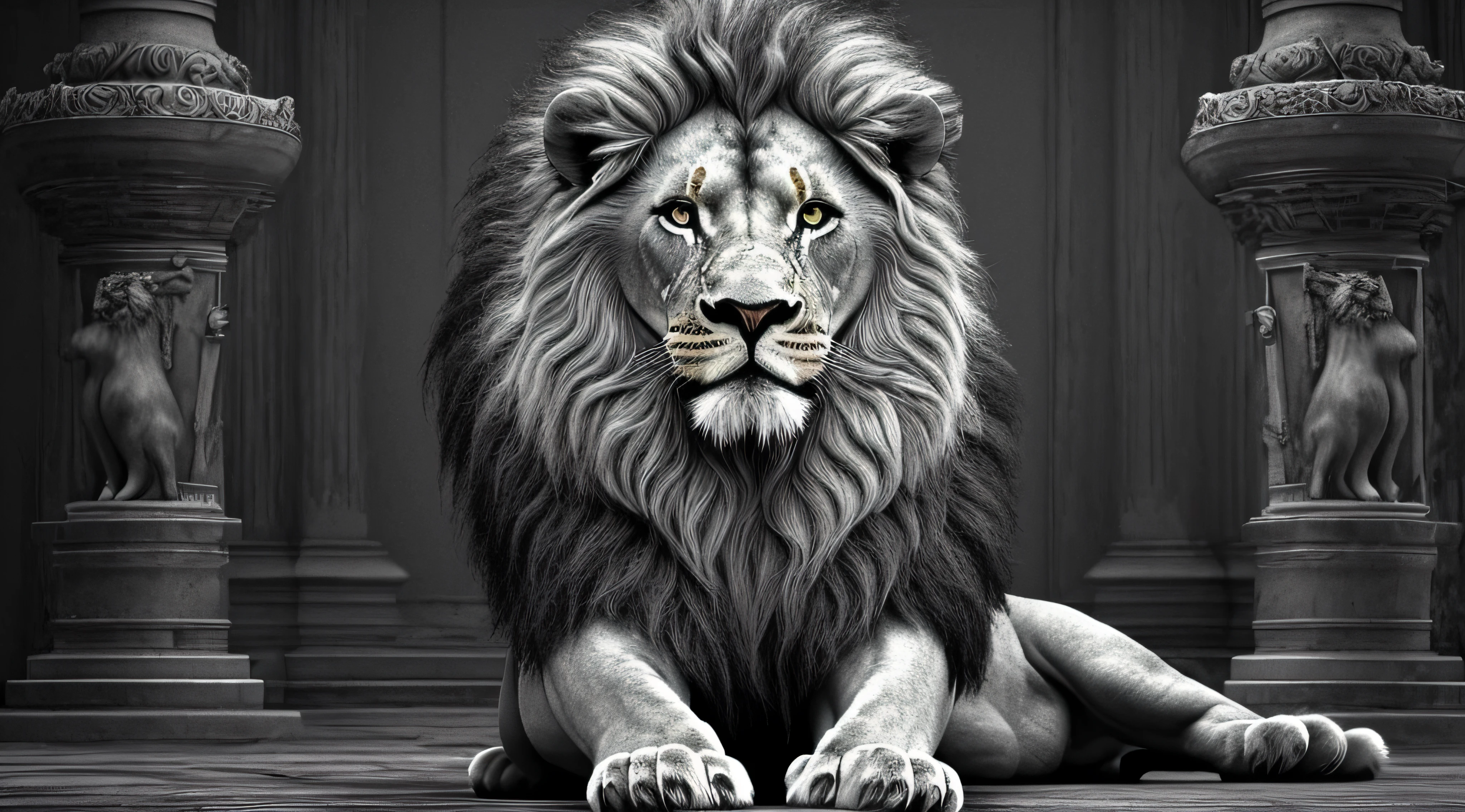 A lion in black and white ultra realistic imposing sitting front view perfect body ultra 8k