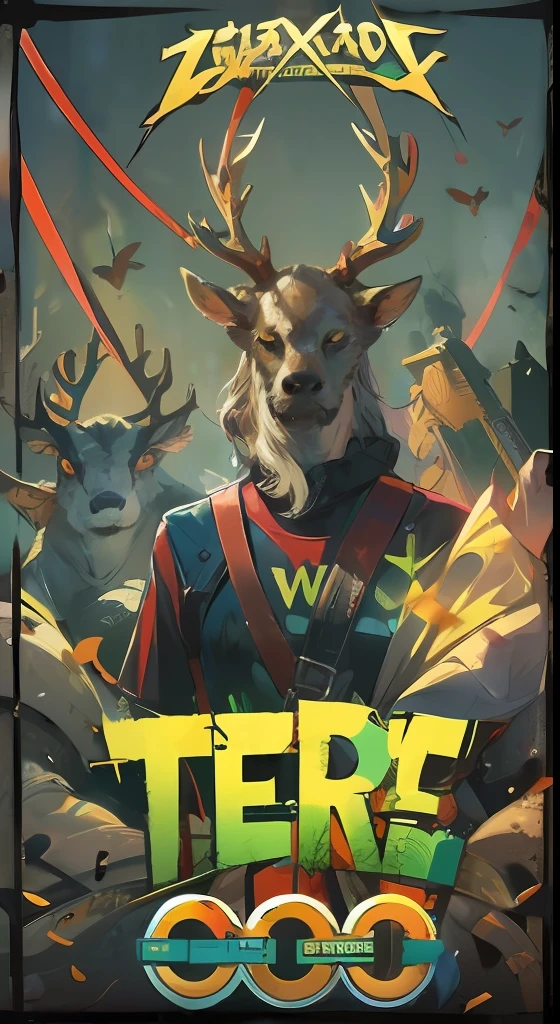 text saying "Here we go", Wild Stag Zombie King, Mysterious thriller, Colorful, Vintage style, (T-shirt design), Masterpiece realistic volumetric light