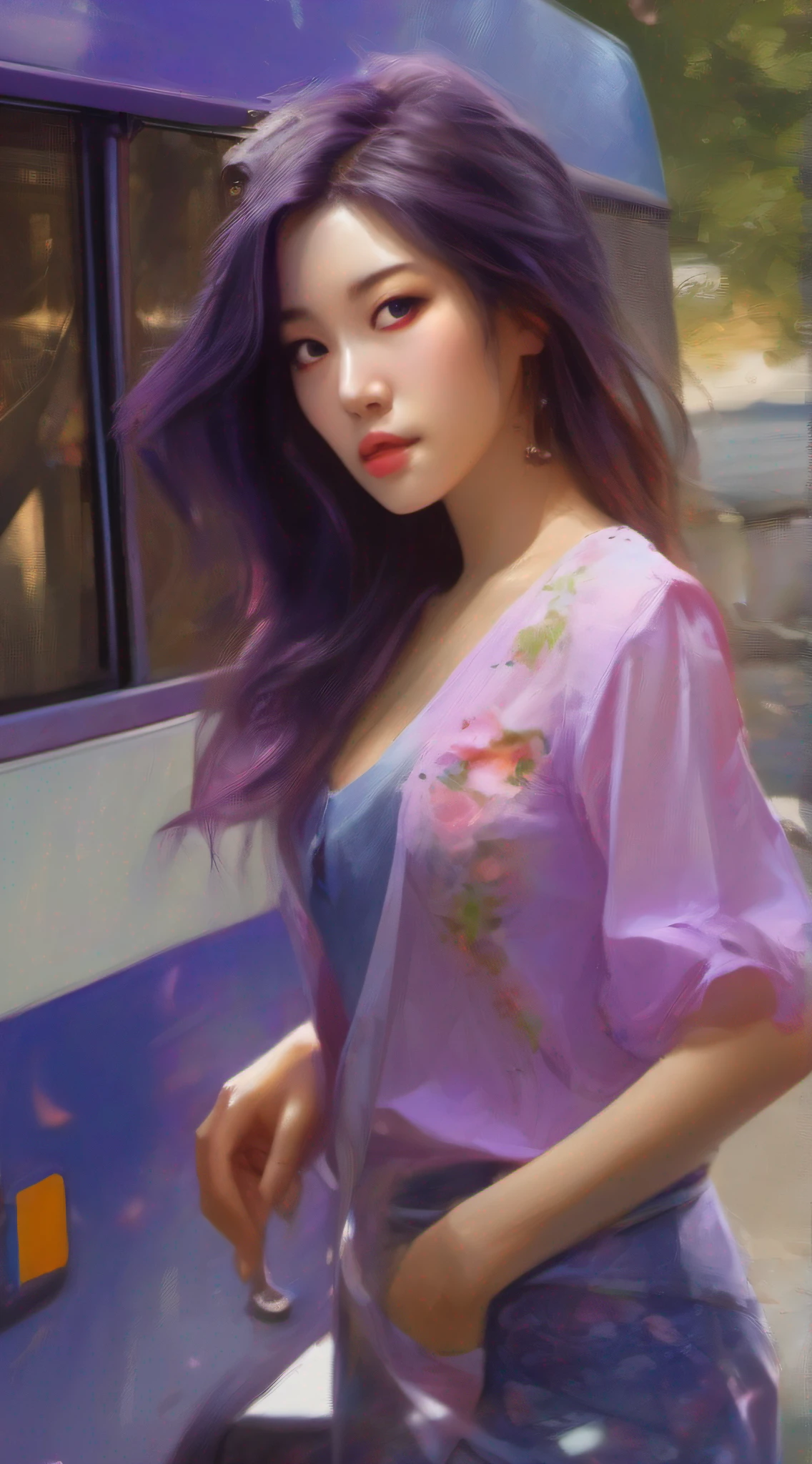 illustartions "bus", concept art by Pino Daeni, Jeremy Mann, Greg Rutkowski, Konstantin Razumov, Vladimir Volegov, Realistic close-up portrait, eun-ji playing electric guitar, sitting inside the bus, long purple hair, wearing vneck and mini skirt, clean face, sakura garden, epic cloud, sunrise, 4k, light reflected in the eyes, studio portrait, soft light, bezel lighting, bokeh background, picturesque, buff painting, (detailed faces:1. 3), (Detailed Eyes:1.3, 8K, HDR, RGB, Ultra-HD --ar 16:9 --q 5 --s 1000 --style raw