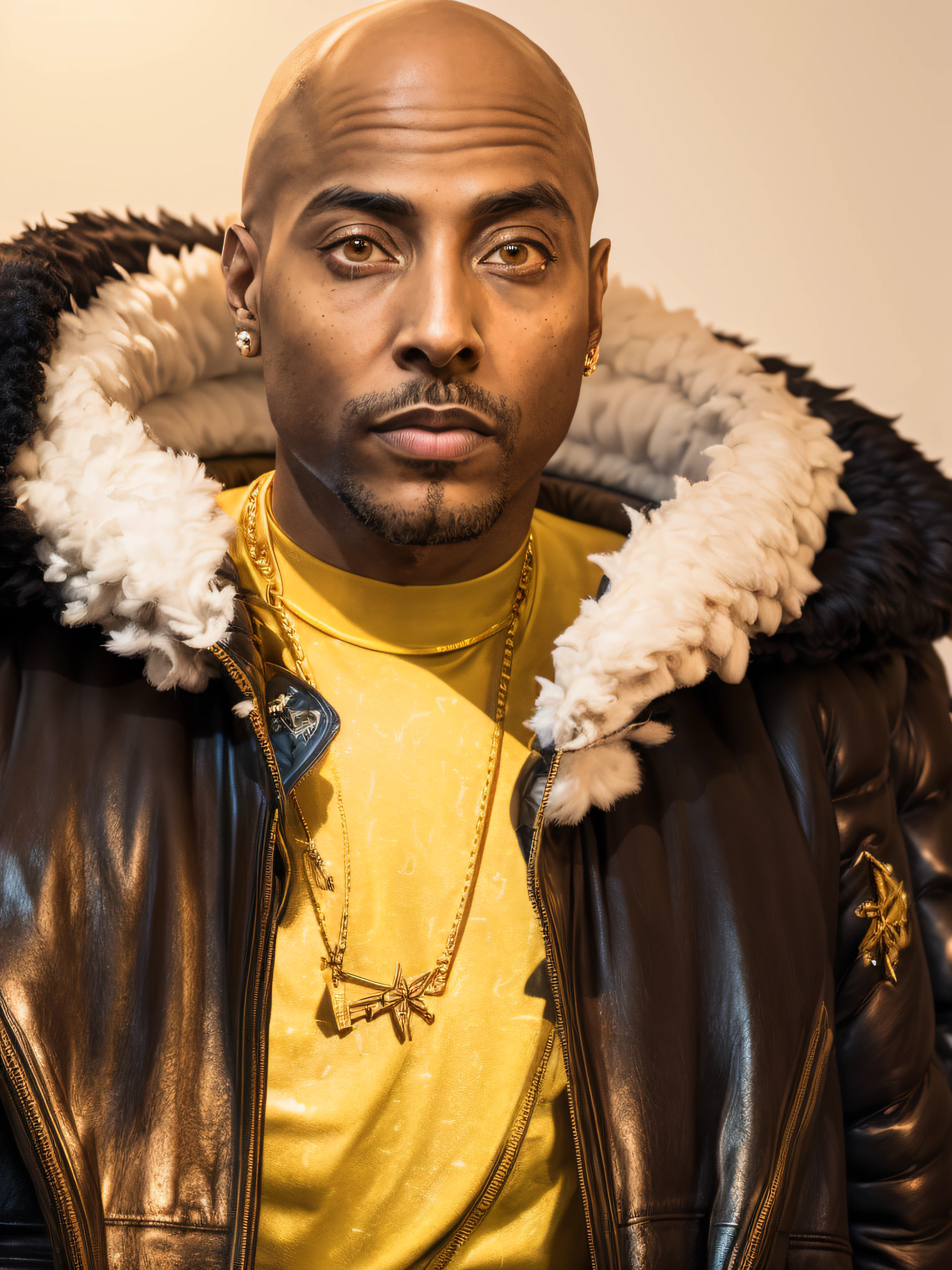 1rapper with Bald hair, Unique mink Fur Jacket (Virgal Abloh) (H R Gigger), fog, detailed and realistic image, amazing composition with vintage scenery with abstract shapes, abstract minimalist background with tentacles, melt, drip, yoshitomo nara:1.5, wes anderson:1.3, new casualism, retro, minimalism,BiopunkAI