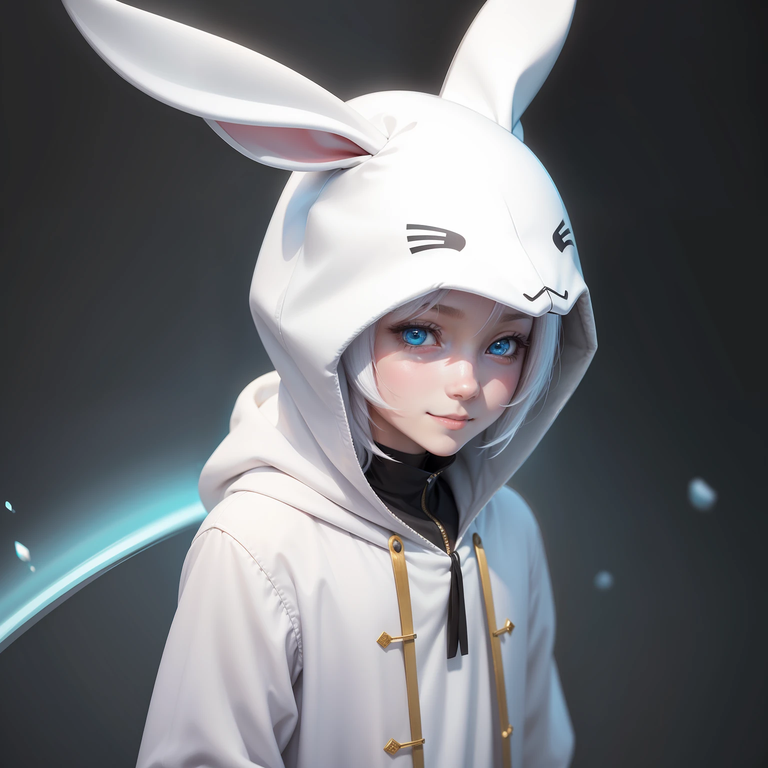 Little white rabbit, Walk upright, Moe stupid, animal hood, smile, rabbit ears, aqua eyes, anime, Realism, close-up, character chart, anime, anime style, chiaroscuro, super detail, textured skin, high quality, high details, high details, high quality, super detail, textured skin