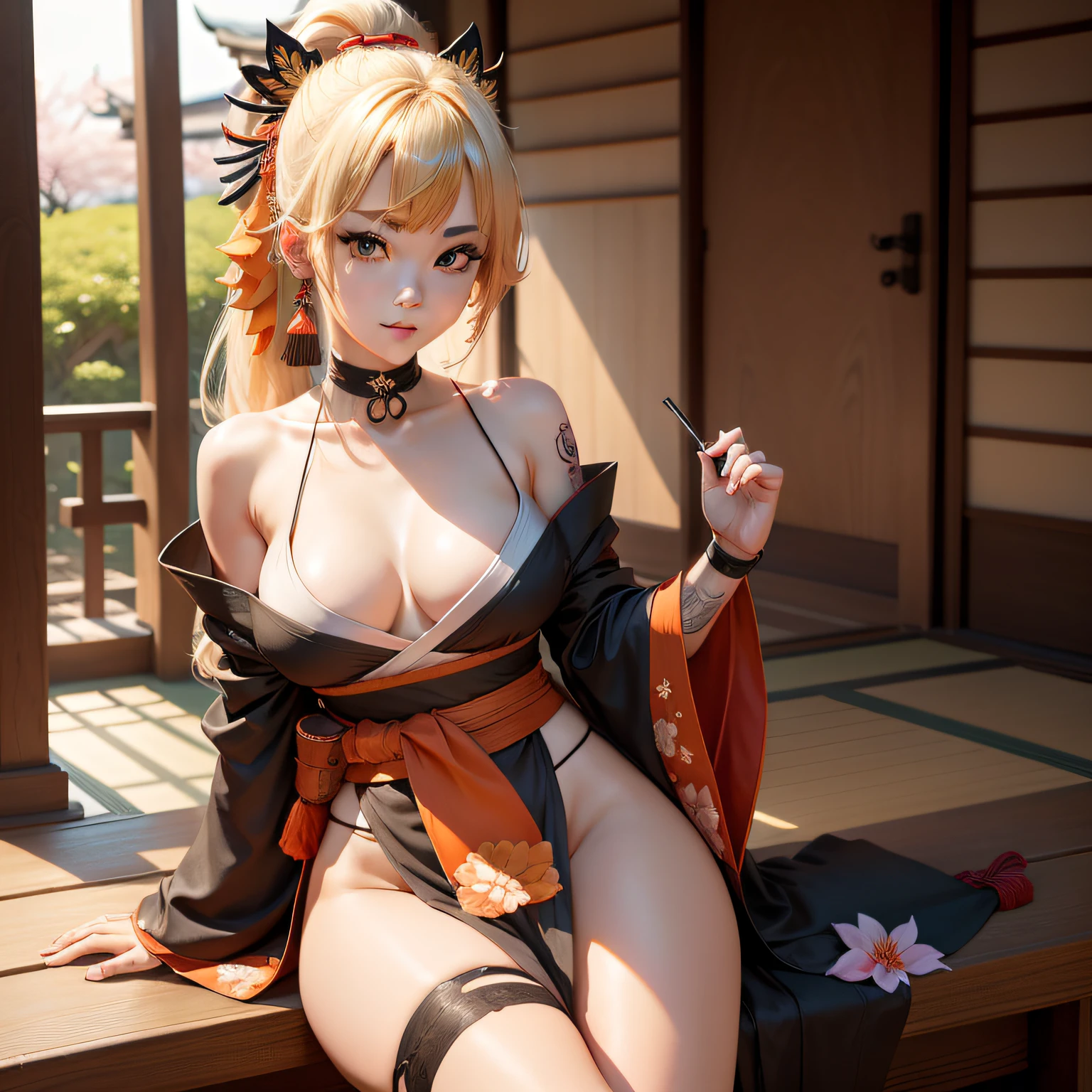 masterpiece, best quality, highres, 1girl, blonde hair, medium hair, asymmetrical hair, floating hair, hair between eyes, high ponytail, sidelocks, hair ornament, fish hair ornament, tassel, kanzashi, bangs, orange eyes, open mouth, smile, teeth, upper teeth only, choker, red choker, pendant choker, erfly choker, collarbone, tattoo, chest tattoo, flower tattoo, cleadium breasts, thindages, bandaged leg, sarashi, budget sarashi, chest sarashi, black sash, hadanugi dousa, houkisei, japanese clothes, kimono, kinchaku, obi, obiage, obijime, orange kimono, pouch, print kimono, rope, sash, shimenawa, short kimono, single bare shoulder, vision (genshin impact), east asian architecture, cherry blossoms, single glove, single fingerless glove, wristband, sitting, legs together,