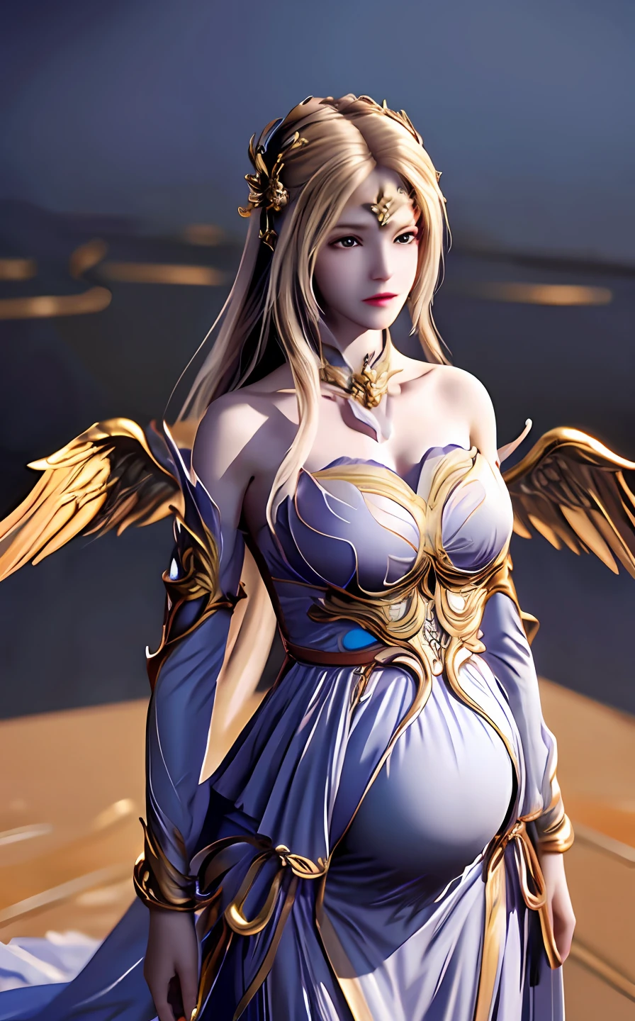 ((masterpiece, best quality;1.3)), ultra - detailed,plethora of colors,extremely detailed and beautiful background,1girl,独奏,beautiful face,Angelic,Detailed angel costume in gold,Wings Angel,feater,Fantasy landscape,epic,The sword,holdingsword,undefined,Qiancheng Xue,,Full body photo,Pregnant belly, maternity attire for pregnant women,maternity dress,pregnant belly,Pregnant belly
