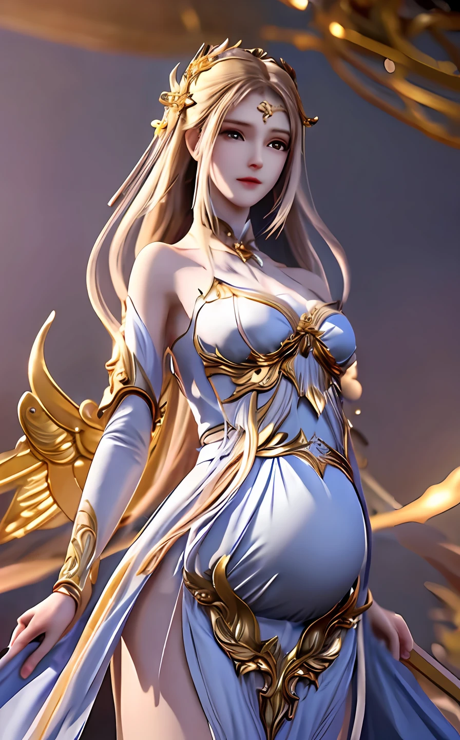 ((masterpiece, best quality;1.3)), ultra - detailed,plethora of colors,extremely detailed and beautiful background,1girl,独奏,beautiful face,Angelic,Detailed angel costume in gold,Wings Angel,feater,Fantasy landscape,epic,The sword,holdingsword,undefined,Qiancheng Xue,,Full body photo,Pregnant belly, maternity attire for pregnant women,maternity dress,pregnant belly,Pregnant belly