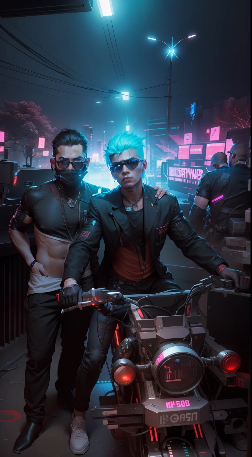 Change background Cyberpunk and change two men into Cyberpunk,8k