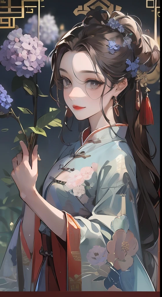 Masterpiece, Superb Product, Night, Full Moon, 1 Woman, Mature Woman, Chinese Style, Antique Chinese, Sister, Royal Sister, Smile, Brunette Hair, Updo, Red Lips, Calm, Intellectual, Hairpin, Hair Flower, Detailed Facial Details, Detailed Eyes, Full Body, Gray Eyes, Long Hair, Hydrangeas