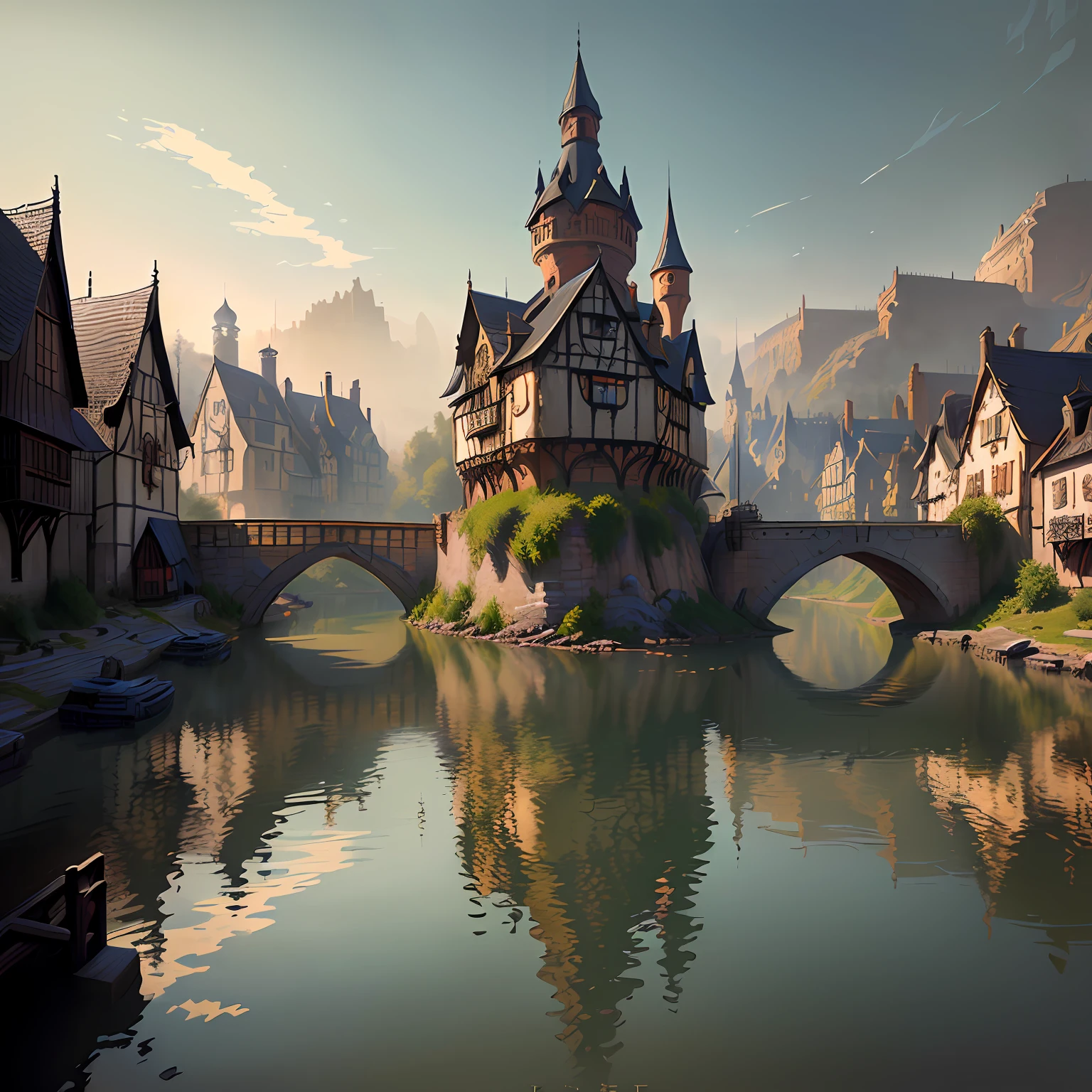 Depict in detail a riverside scene of a medieval fantasy town,Includes a bridge and river。A fantasy town setting paired with a steampunk village castle,and conceptual art paintings in the style of artists Aleksander Gine and Andreas Rocha,Beautiful and detailed 4K digital concept art,Create a stunning atmosphere。
