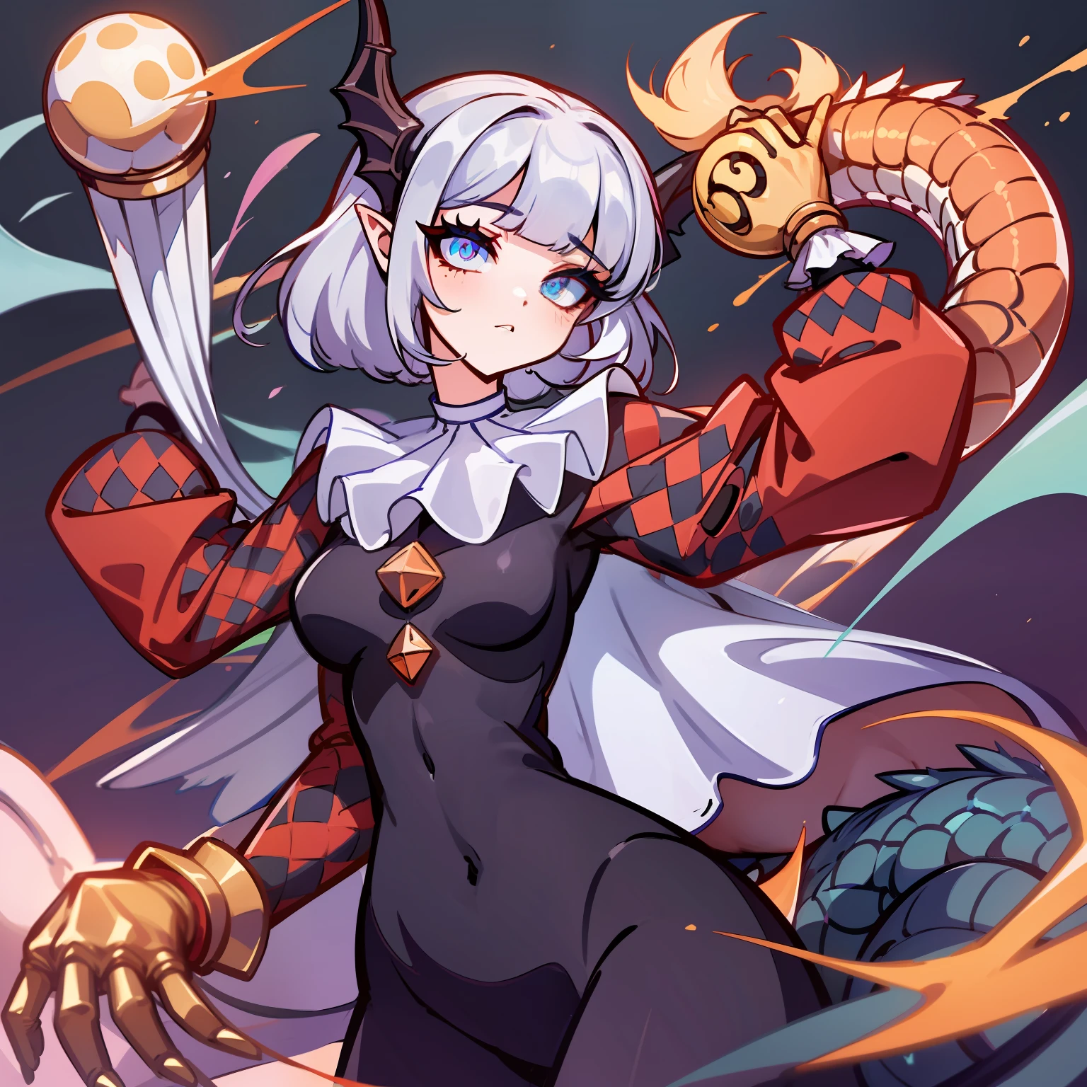 (melhor qualidade: 1.0), (super high res: 1.0), personagem extremamente detalhado, detailed hands, Half-dragon girl, chifres, scales on the neck, escamas nos ombros, scales on the forearm, escamas na bochecha, Girl with dragon tail, dragon tailed, Cabelo extremamente detalhado, cabelo curto, ((Cabelo branco)),((mechas pretas)), olhos extremamente detalhados, olho com cores diferentes, Heterocromia, olho direito branco, olho esquerdo preto, dragon eyes, 2D, Arte de Anime, ((barnet)), ((corpo inteiro)), standing on her feet, medieval, RPG, pequena, Fofa, orelhas de elfo, dragon wings