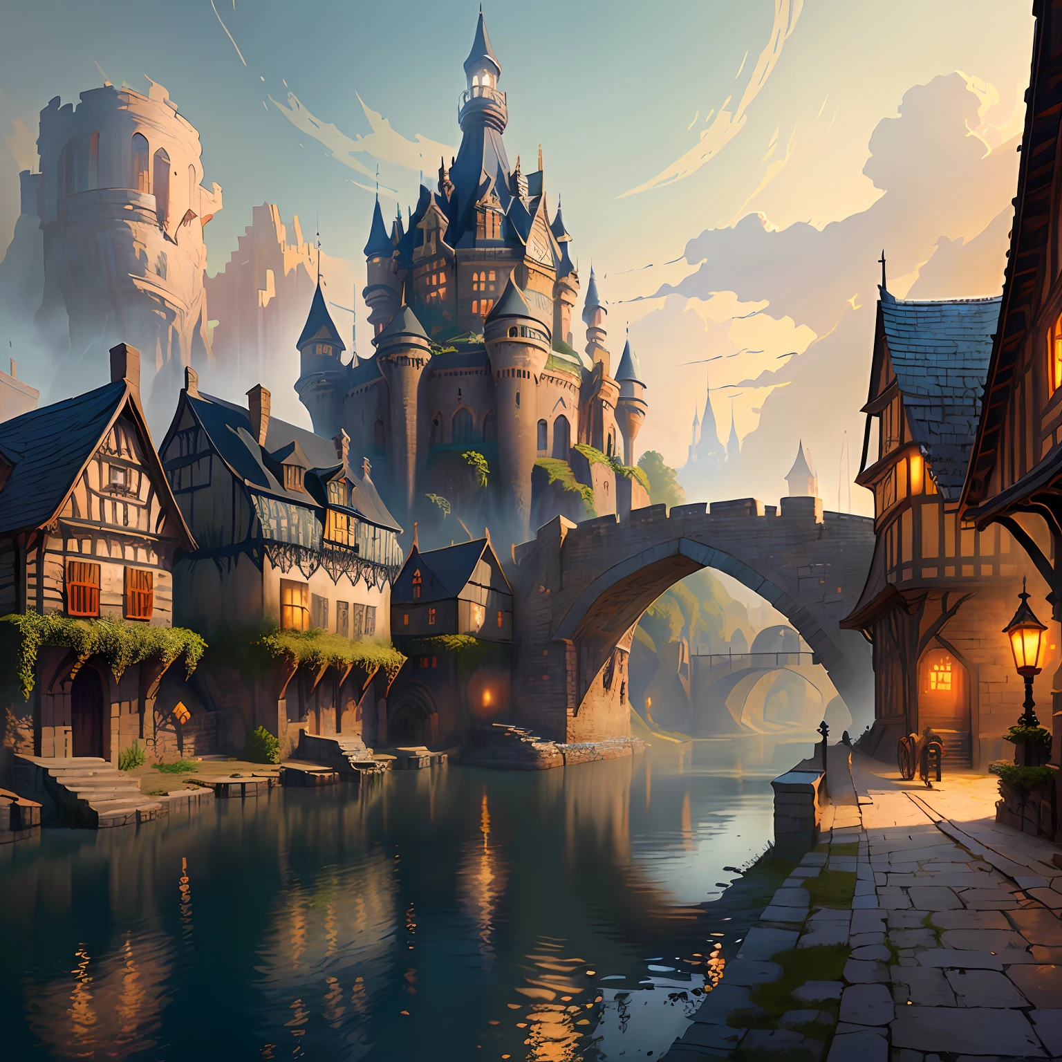 Depict in detail a riverside scene of a medieval fantasy town，Includes a bridge and river。A fantasy town setting paired with a steampunk village castle，and conceptual art paintings in the style of artists Aleksander Gine and Andreas Rocha，Beautiful and detailed 4K digital concept art，Create a stunning atmosphere。