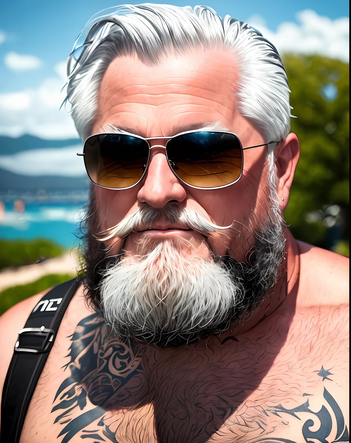 Veteran gray-haired Panzon Fat Beard with realistic epic tattoos on the sunglasses beach in a park with other men surrounding him as he poses for photos 
 ((((HDR))))