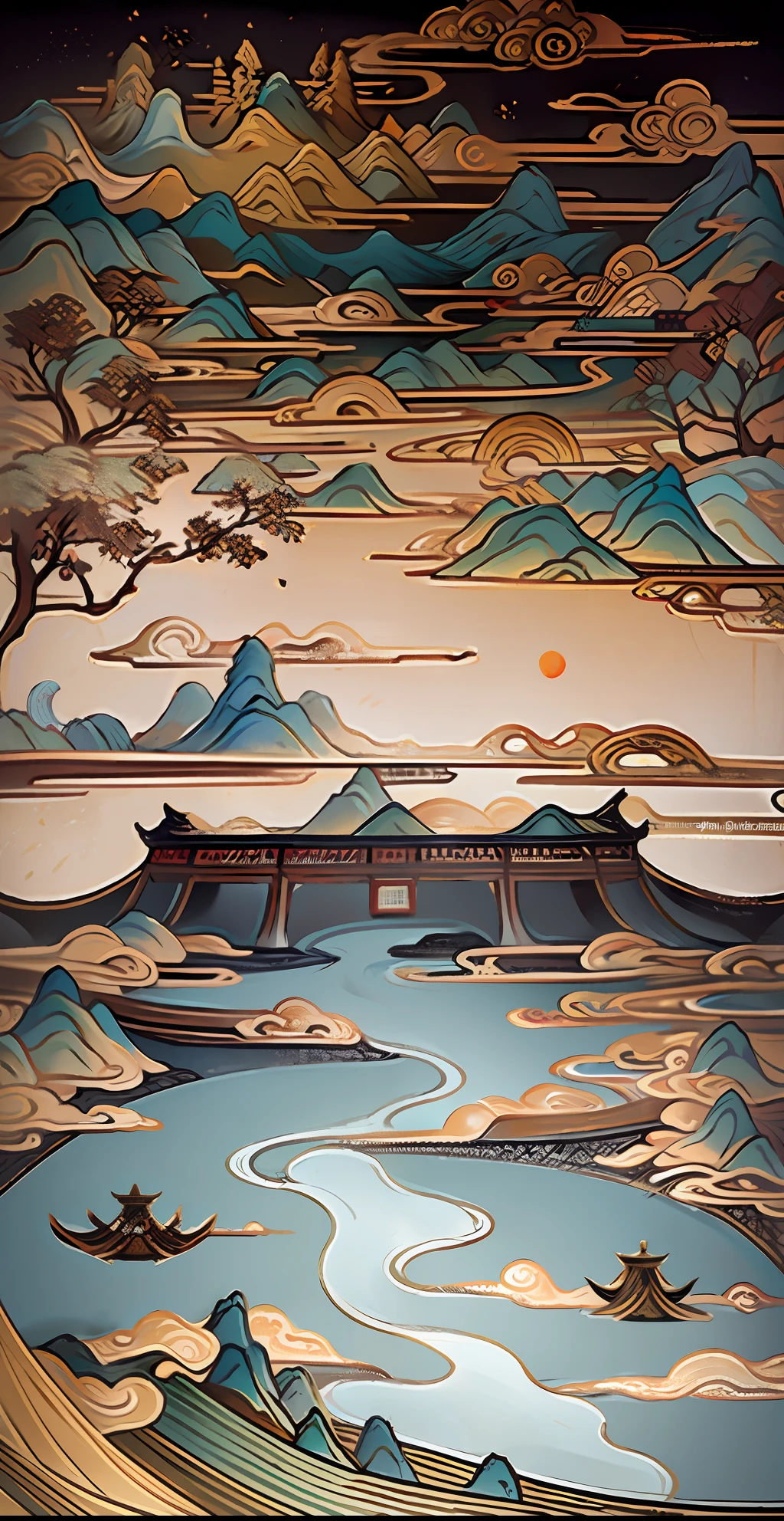 An ancient Chinese painting, ancient Chinese background, mountains, rivers, auspicious clouds, pavilions, sunshine, masterpieces, super detail, epic composition, ultra HD, high quality, extremely detailed, official art, unified 8k wallpaper, Super detail, 32k -- v 6