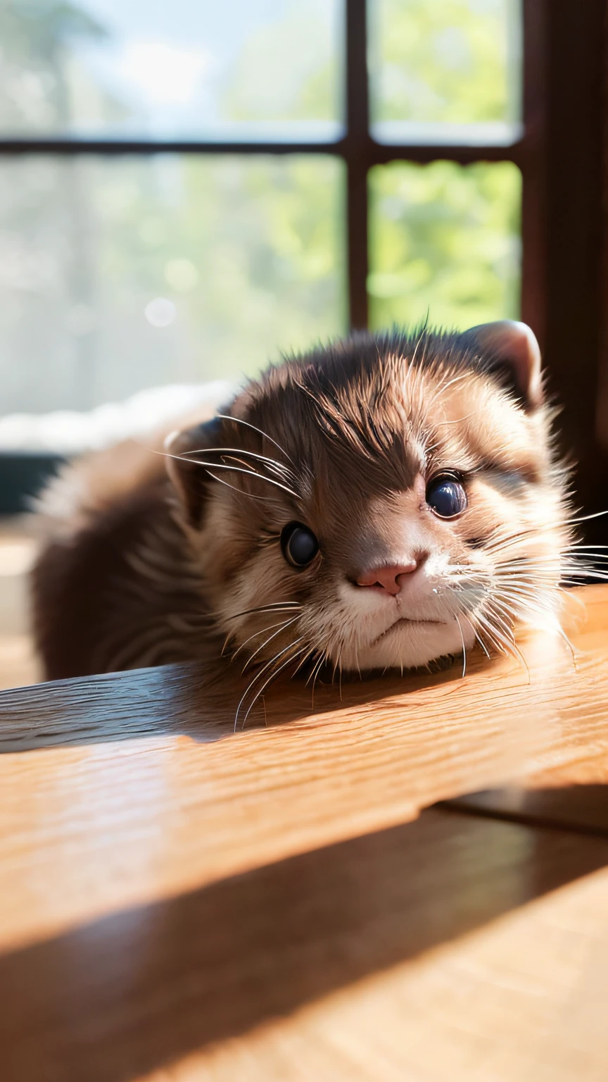Baby otter， （Himalayan）， （small））））， In a teacup， the face， Front paws extended， 8K， profesional photo， delicated， Pubic area is clear， On a table， Inside the house， rays of sunshine， light  leaks， tmasterpiece， （（prette）））， Stylish teacup， （Realistis）， plushies，closeup cleavage，Fisheye camera。