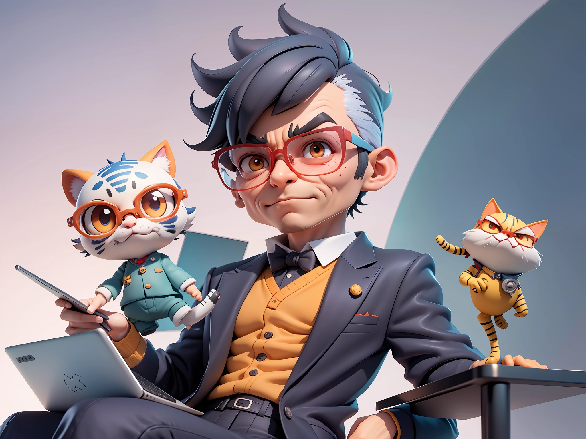 A young man in a suit, Short hair and glasses sat at his desk，holding laptop，digitial painting，tigre，3D character design by Mark Clairen and Pixar and Hayao Miyazaki and Akira Toriyama，4K HD illustration，Very detailed facial features and cartoon-style visuals。