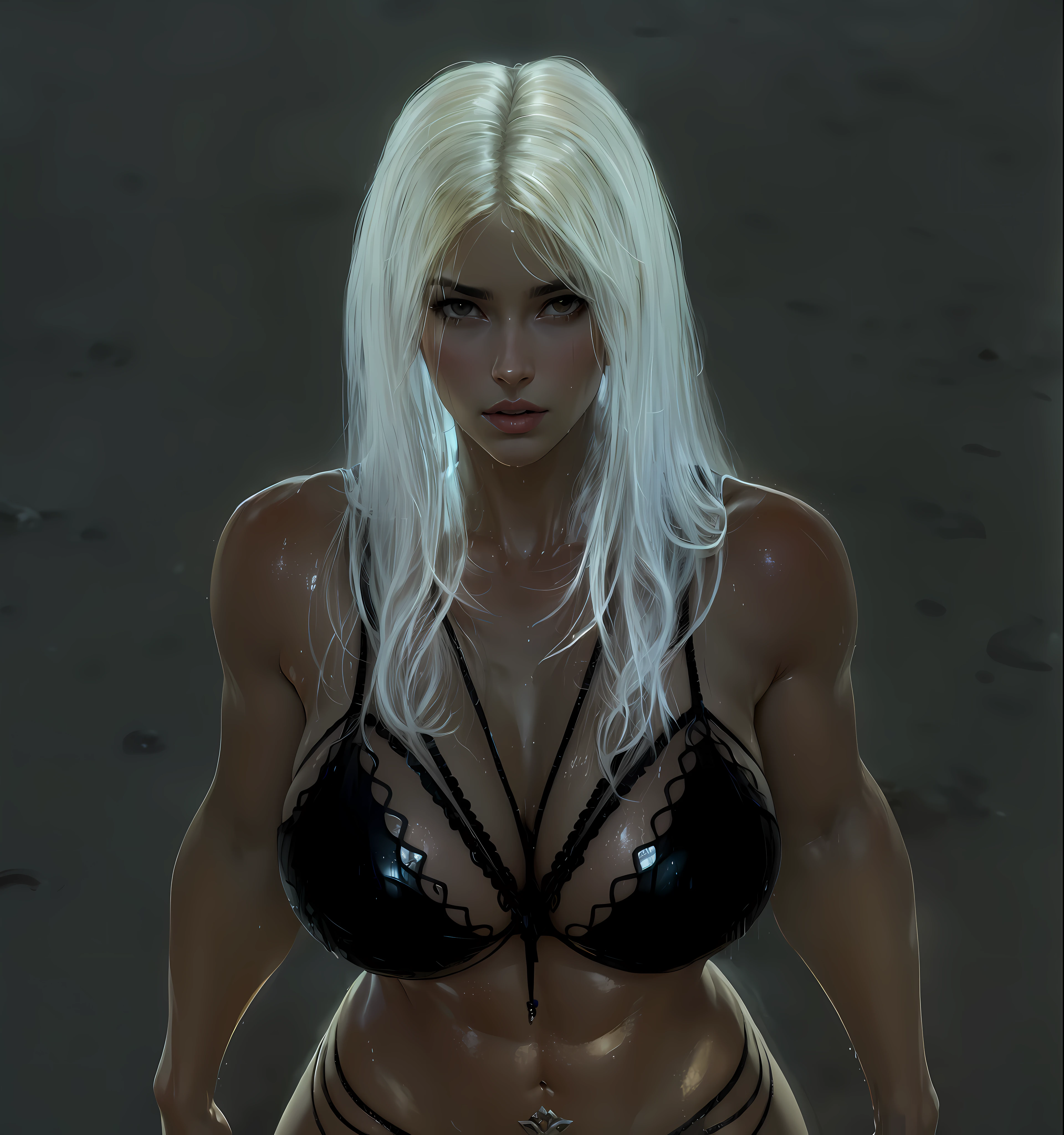 (Best quality, 4k, Masterpiece :1.3), beautiful woman, hyper realistic, 1girl, (massive breasts, attractive body :1.2), sit-ups :1.1, dark brown hair: 1.1, (wet rainy, wet by rain, body wet :1.2), ultra-detailed face, detailed lips, detailed eyes, double eyelid, sensual low-necked dress, open neckline, hanging breasts, side pose, visible curves, pool party, lying next to the pool, golden transparent bodysuit