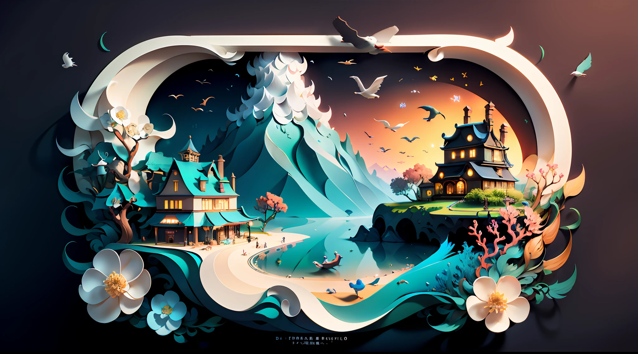 （（（tmasterpiece））），best qualtiy，illustratio，beautiful detailed glow，Gypsy Maiden，sea beach，small town，house，Castle，reef，baiyun，spray，seagulls，blossoms，Aoyama background，Paper_cut，