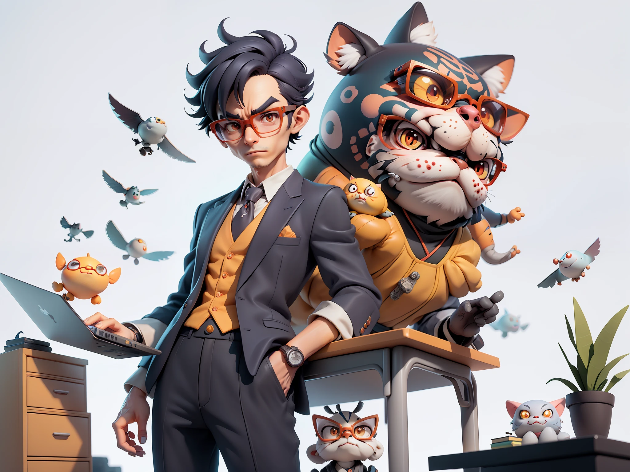 A young man in a suit, Short hair and glasses sat at his desk，holding laptop，digitial painting，tigre，3D character design by Mark Clairen and Pixar and Hayao Miyazaki and Akira Toriyama，4K HD illustration，Very detailed facial features and cartoon-style visuals。