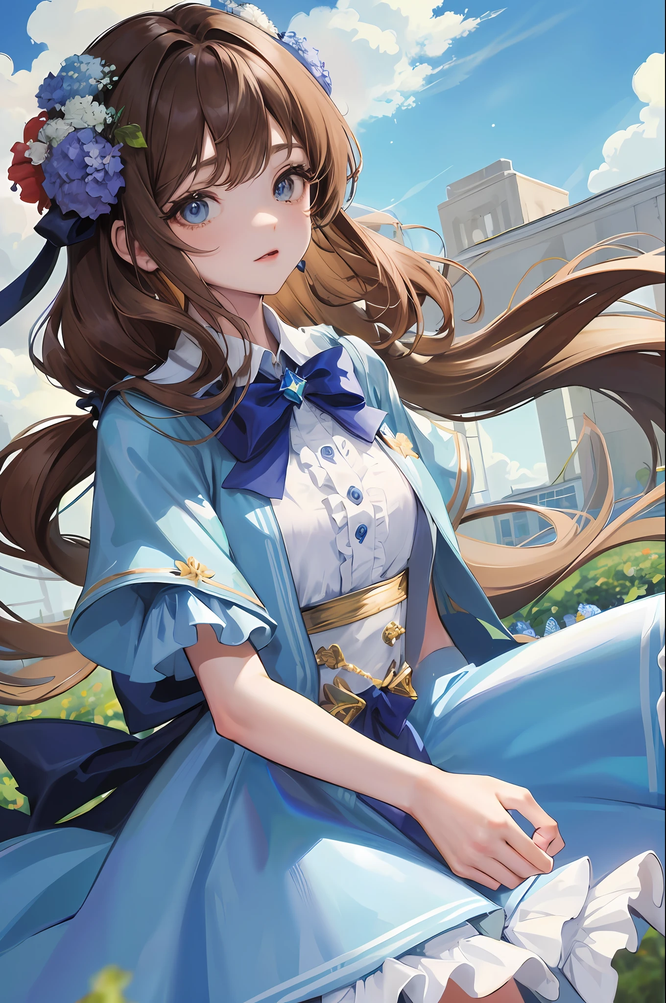 high high quality，tmasterpiece，Delicate facial features，Delicate hair，Delicate eyes，Delicate hair，animemanga girl，anime girl with long hair，Brown hair，horse tailed，blue bow，a blue dress，skirt with frills，Fantastic flower garden，florals，Blue hydrangeas，with blue sky and white clouds，rays of sunshine，petals， Clouds，exteriors，8k octae render photo, loli in dress, render of april, Rendu portrait 8k, super detailed render，anime art style，(Anime girl), anime artsyle，8K high quality detailed art（Delicate facial portrayal）（Fine hair portrayal）（highest  quality）（Master masterpieces）（High degree of completion）（a sense of atmosphere）8k wallpaper，tmasterpiece，Best quality at best，ultra - detailed