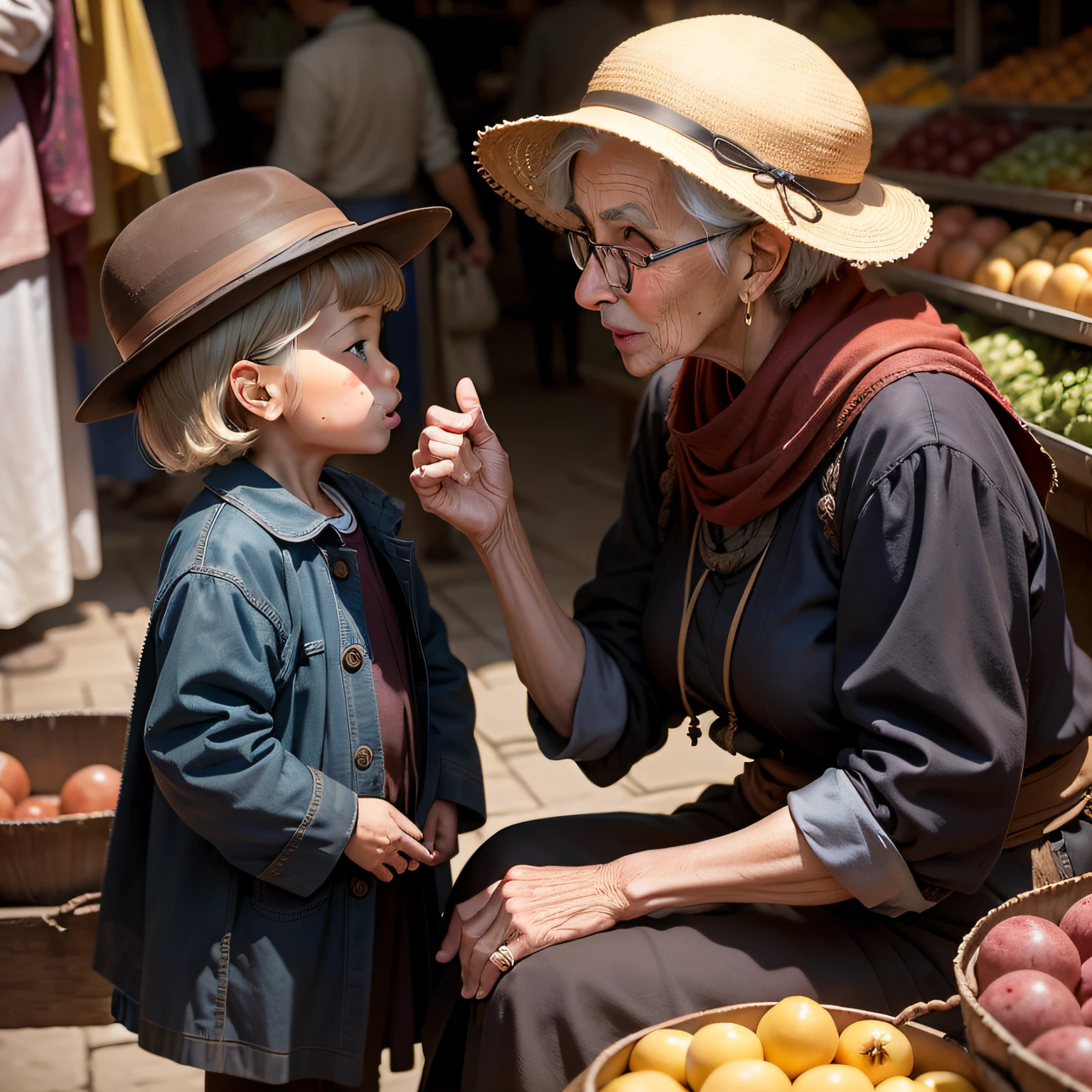 an older woman talking to a child in a market