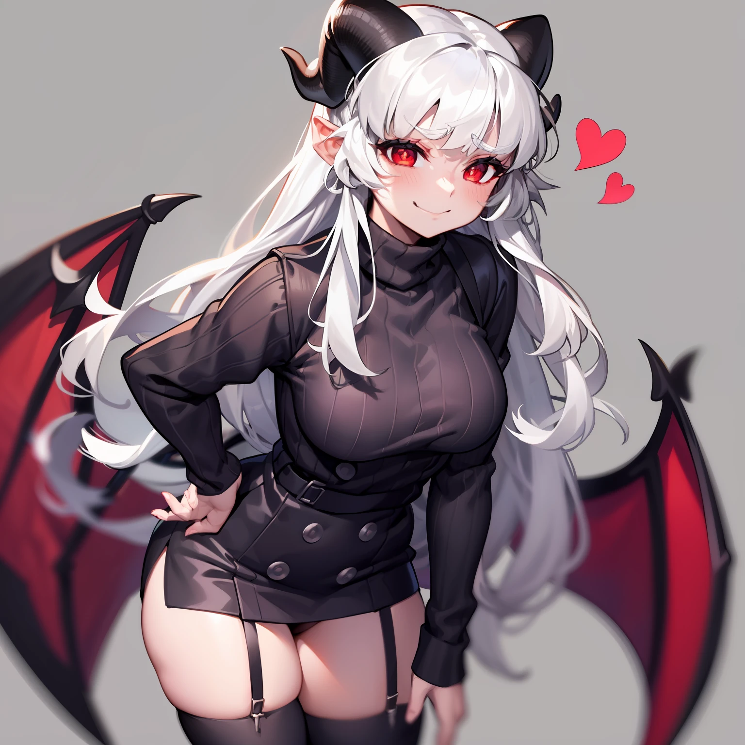 modeus(helltaker), black horns, large breasts, simple background, red eyes, long sleeves, closed mouth, symbol-shaped pupils, clothes tug, white background, black thighhighs, solo, sweater, long hair, white hair, medium hair, demon tail, sleeves past wrists, ribbed sweater, thighhighs, blush, turtleneck, 1girl, turtleneck sweater, heart, demon horns, tail, leaning forward, black tail, horns, heart-shaped pupils, red sweater, looking at viewer, hair between eyes, cowboy shot, demon girl