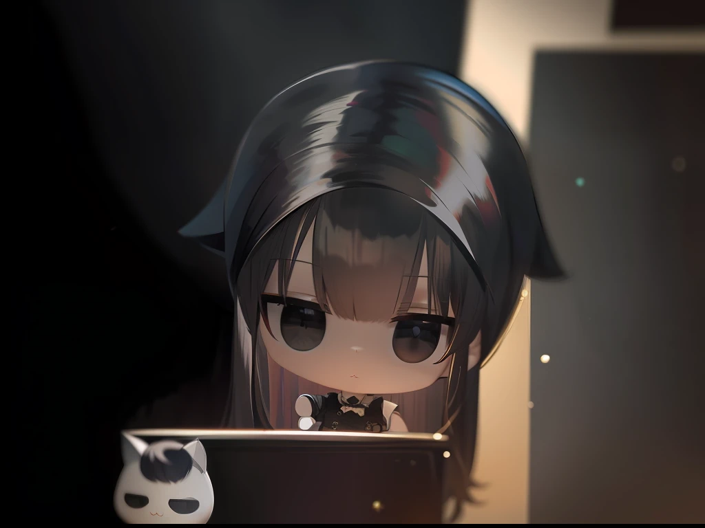 Masterpiece, Detailed, Soft lighting, Gothic cat man with long black hair, Black eyes Chibi, White background, Simple background