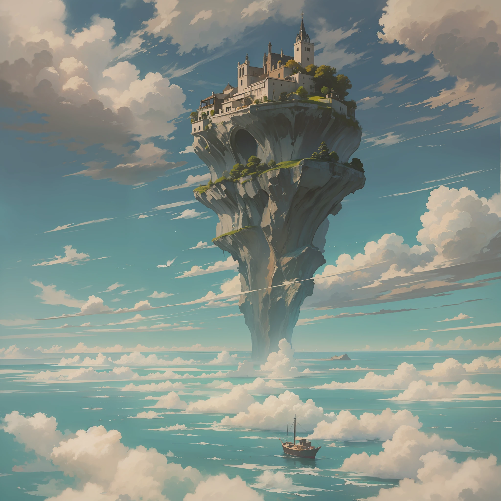 isla flotante, voladora en medio del oceano, cielo oceano