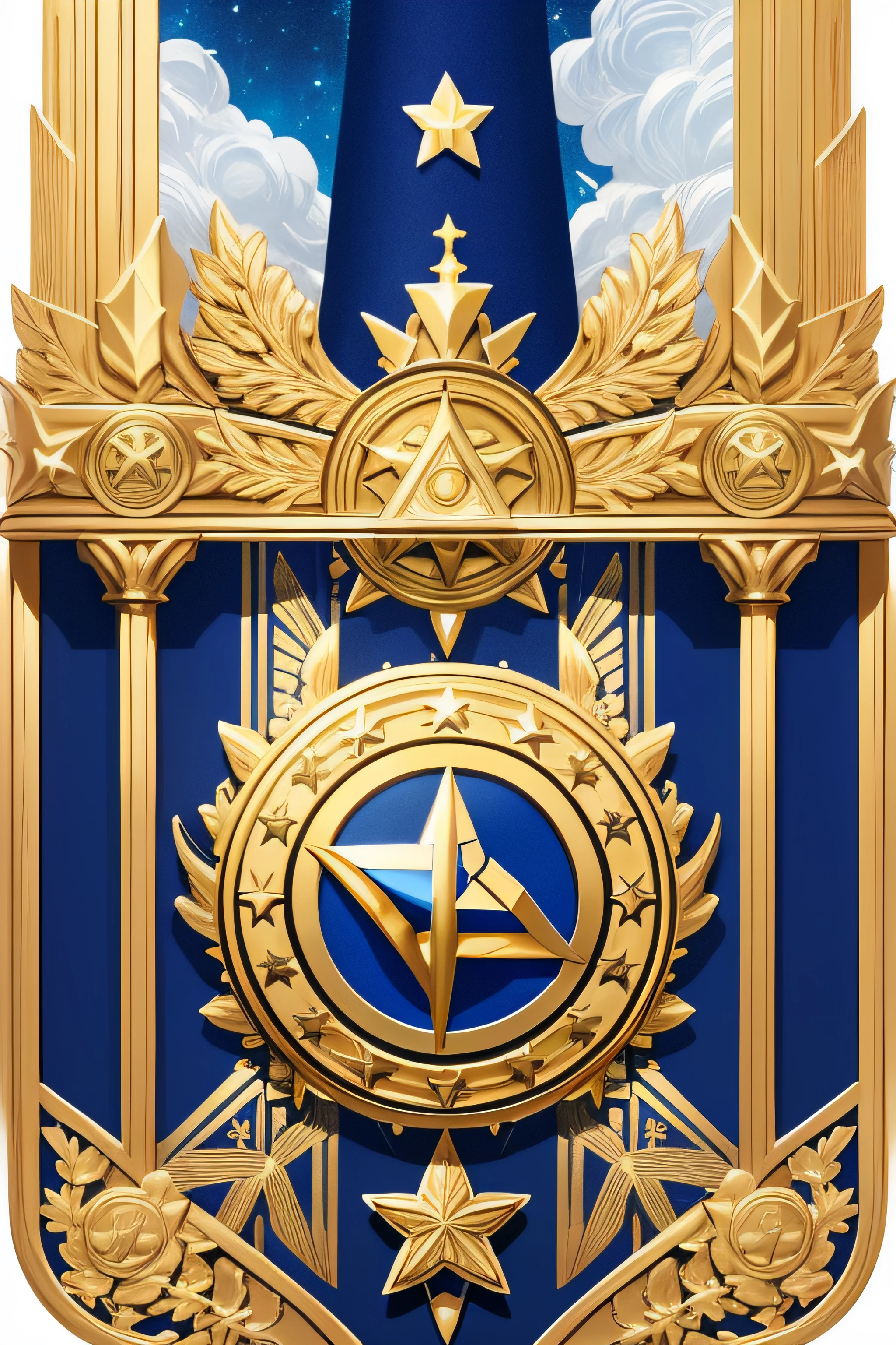 Close up of star and gold and blue emblem, high detailed official artwork, official artwork, Masonic art, The emperor secretly associated, Ultramarine and gold, Inspired by Keos Mason, Alicization, Inspired by Cedric Sheet (Keos Masons), Cedric So (Keos Masons), Official art, Cinematic Blue and Gold