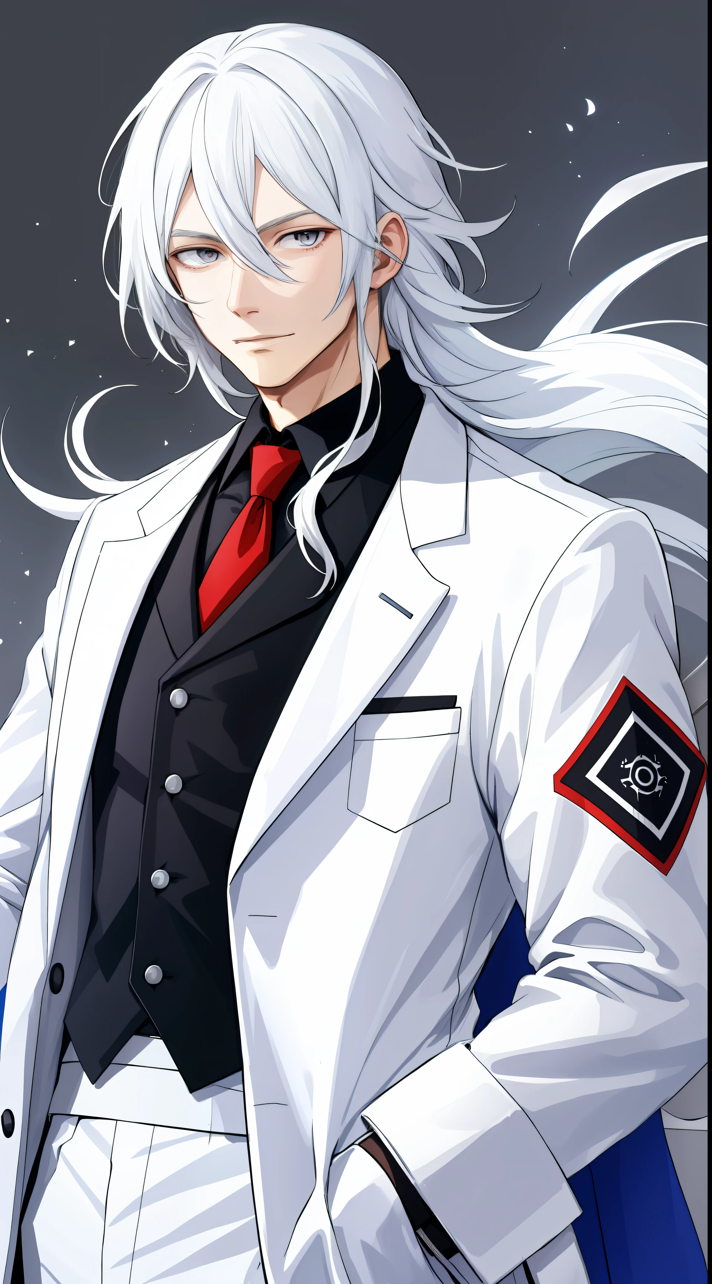 Man with long white hair,About 25 years old,Wearing a doctor's white coat