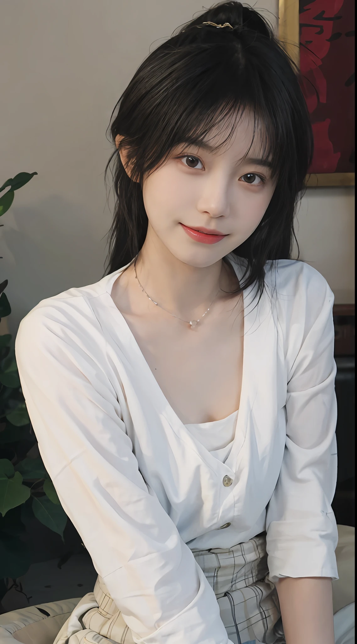best qualtiy, 超高分辨率, (realisticlying:1.4), Baoyu Girl, Black long straight,A pair of clear and moving peach blossom eyes,Royal Sister,校服,sunshine on face,(choker necklace:1.2),(Fair skin:1.8),a sense of atmosphere,a beauty girl, ssmile,head straight-looking at viewer, closeup cleavage ,(Photorealistic:1.4),JK,white shirt,yellow bow,neck bowtie,Yellow skirt,Plaid skirts,pleatedskirt,