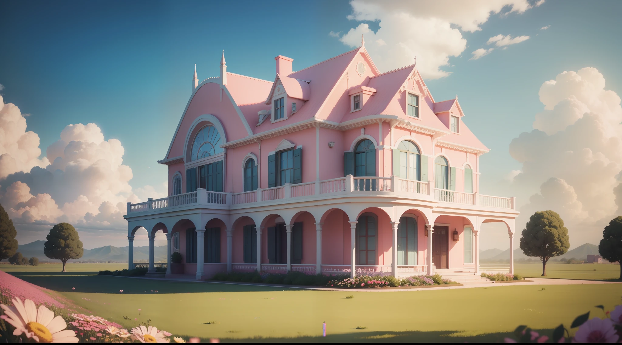 pink house in a field of flowers with a sky background, casa bonita, realismo | bipe, very magical and dreamy, bipe. hiper-realismoo, magical buildings, Casa da Fantasia, lugar de conto de fadas, sonhador e detalhado, bipe |, tons de rosa, Beeple e Mike Winkelmann, Obra-prima Beeple, vaporwave mansion
