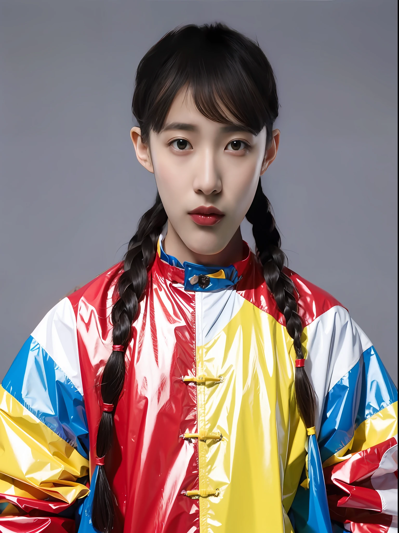 Chinese male high school student，Wear a PVC colored raincoat，Wear a hat and braid