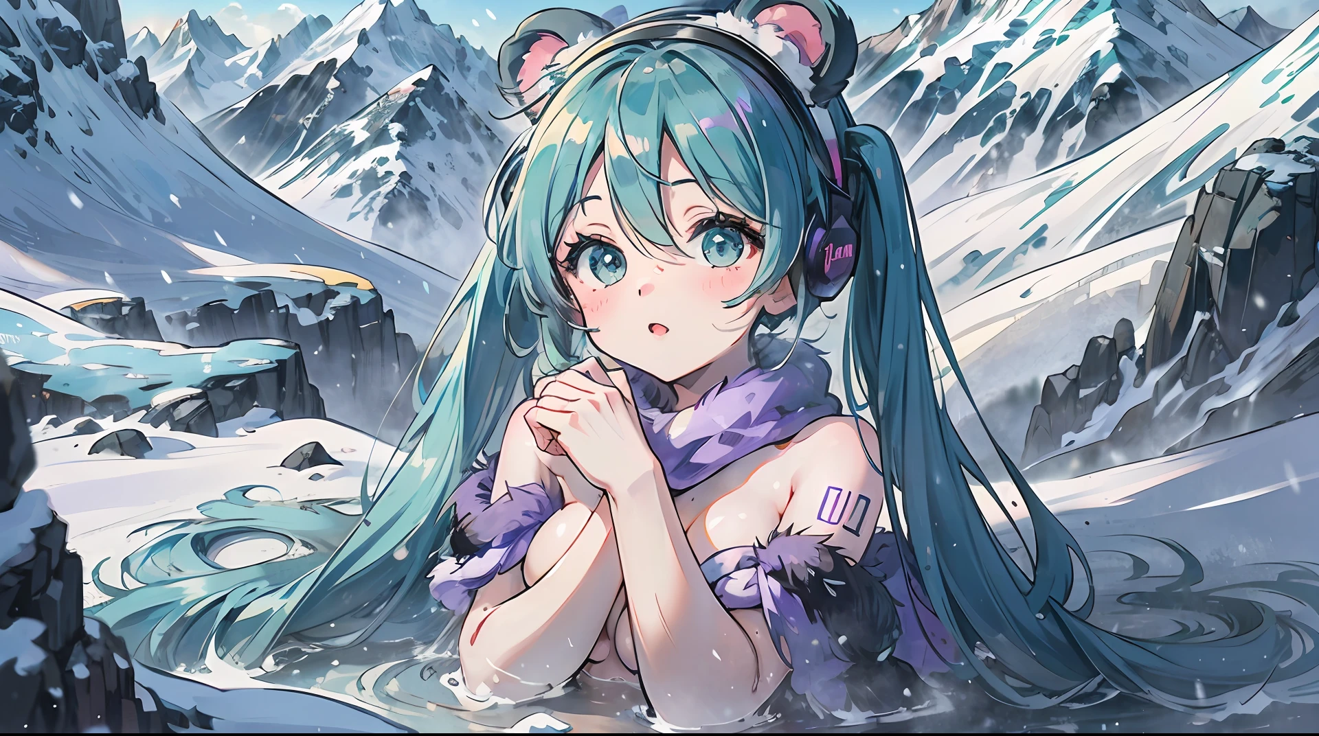 hatsune miku, ((no clothes) (no bras) (no panty)), ((uncensored) (totally naked)), puffy furry panda earmuffs, snowed mountain landscape, kawaii, playful pose, purple head --auto --s2