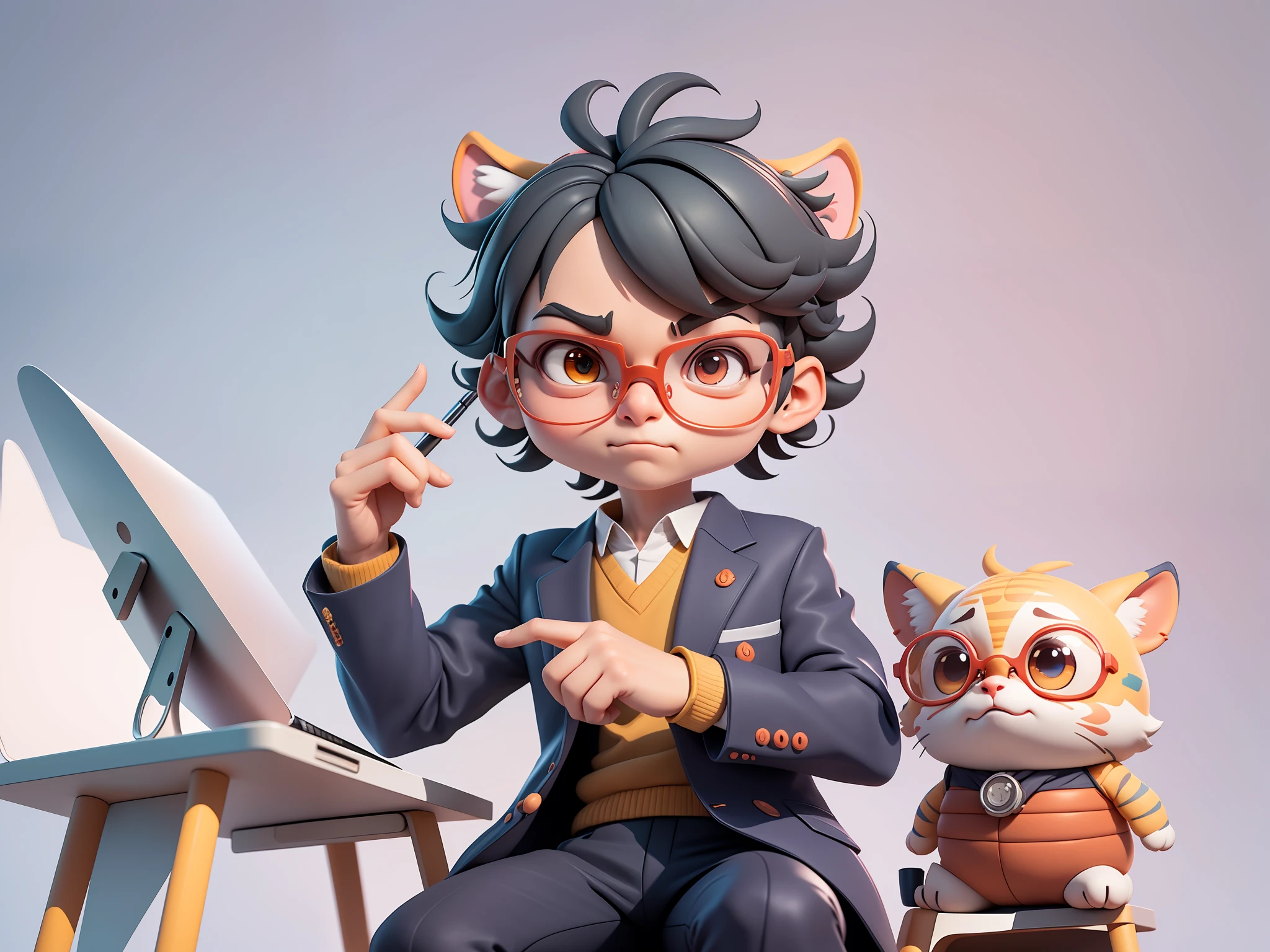 A young man in a suit, Short hair and glasses sat at his desk，holding laptop，digitial painting，tigre，3D character design by Mark Clairen and Pixar and Hayao Miyazaki and Akira Toriyama，4K HD illustration，Very detailed facial features and cartoon-style visuals。