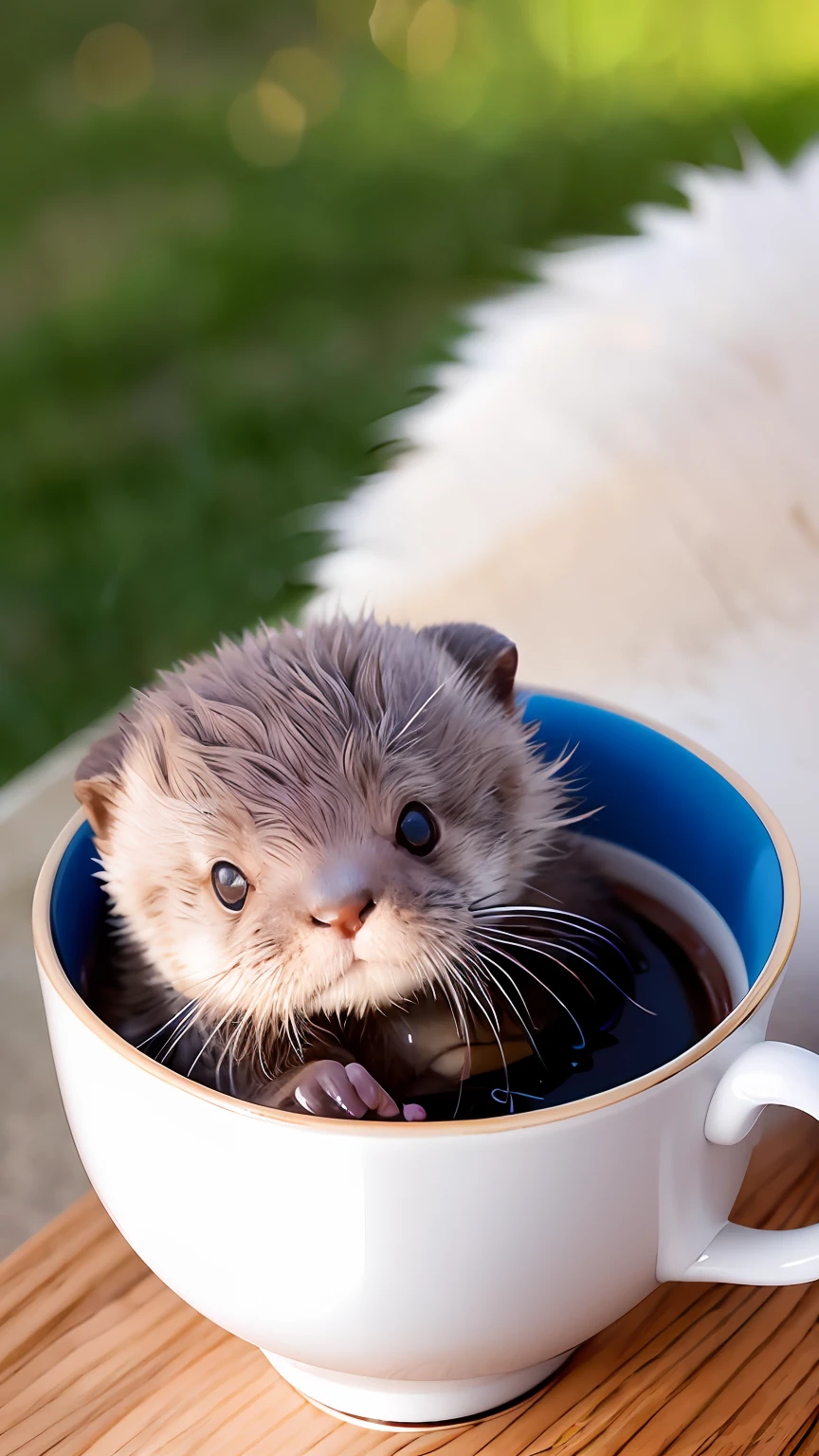 Baby otter， （Himalayan）， （small））））， In a teacup， the face， Front paws extended， 8K， profesional photo， delicated， Pubic area is clear， On a table， Inside the house， rays of sunshine， light  leaks， tmasterpiece， （（prette）））， Stylish teacup， （Realistis）， plushies，closeup cleavage，Fisheye camera。