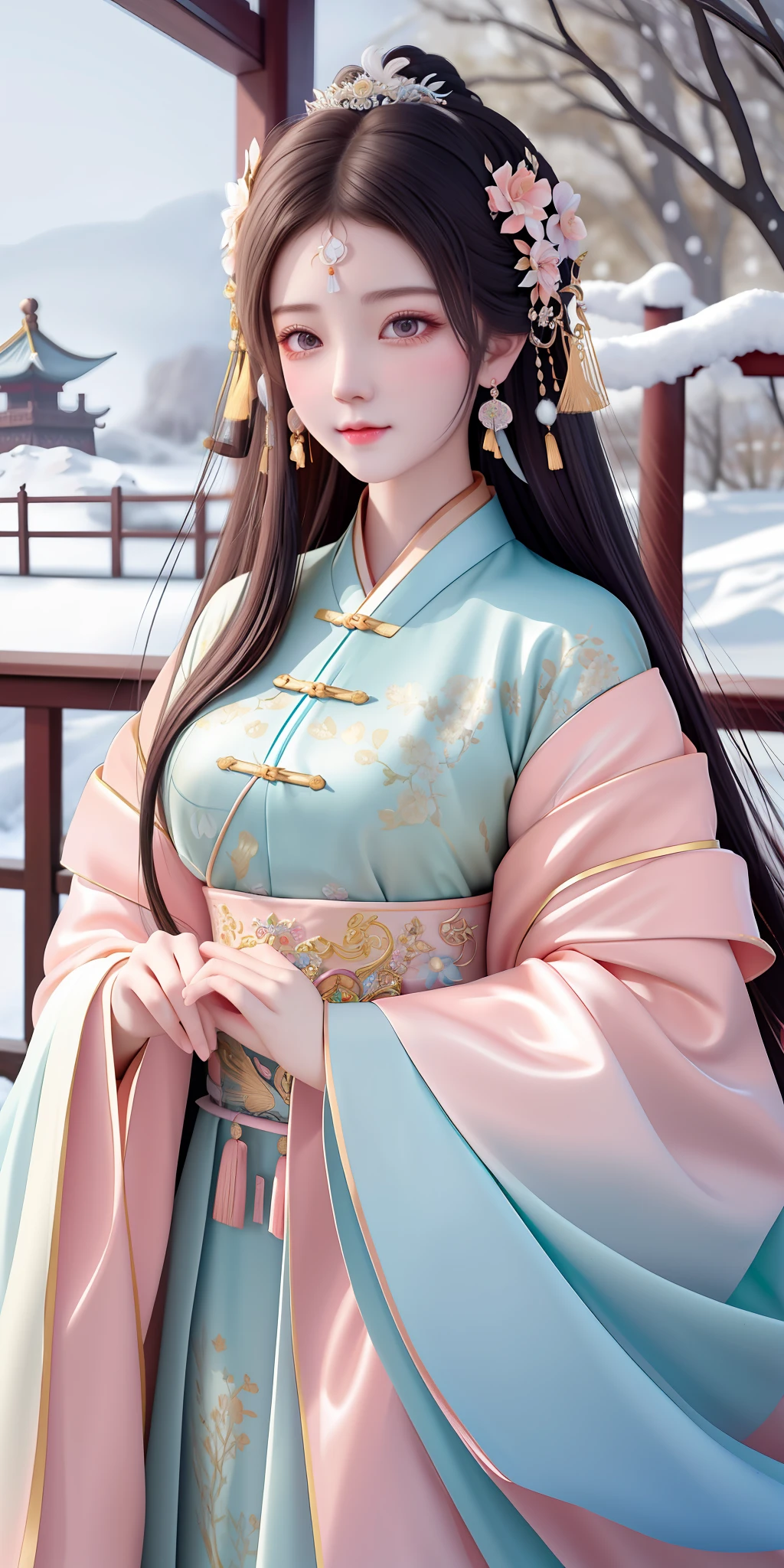 high high quality,tmasterpiece,Delicate facial features,Delicate hair,Delicate eyes,Ancient Style Girl,softlighting,High Picture Quality,volumettic light,peach blossom,Peach blossom background,ancient wind,Long black hair,Silver hairpin,Luxurious tiara,Red costume,Gentle sweet girl,In heavy snow,snow covered,Antique atmosphere,ellegance,floated hair,pastel colour,highly detailed soft lighting,8k high quality detailed art Chinese costume, with acient chinese clothes, Traditional beauty, Chinese style(faeries)(Delicate facial portrayal)(Fine hair portrayal)(highest quality)(Master masterpieces)(High degree of completion)(a sense of atmosphere)8k wallpaper,tmasterpiece,Best quality at best,ultra - detailed