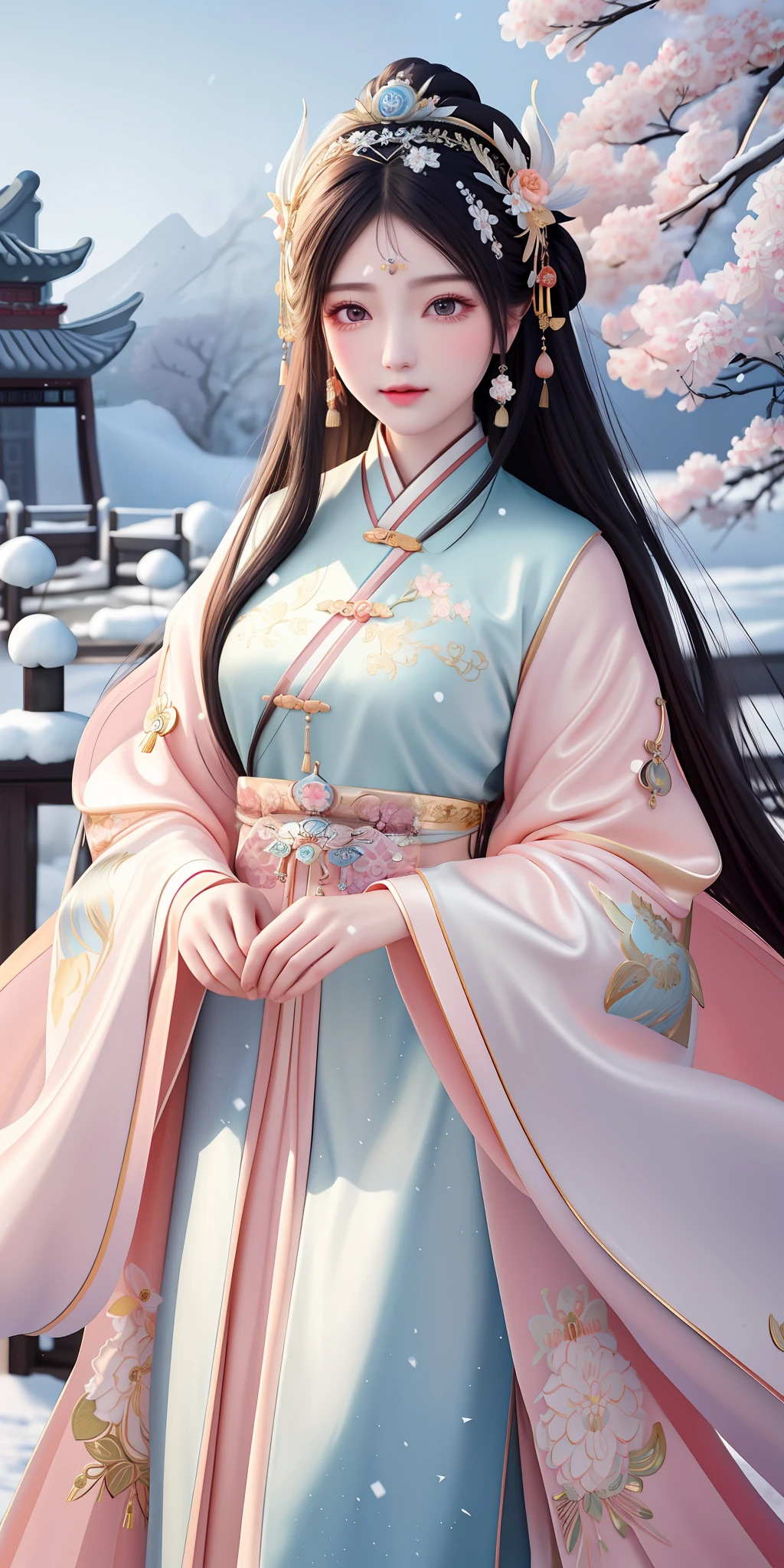 high high quality,tmasterpiece,Delicate facial features,Delicate hair,Delicate eyes,Ancient Style Girl,softlighting,High Picture Quality,volumettic light,peach blossom,Peach blossom background,ancient wind,Long black hair,Silver hairpin,Luxurious tiara,Red costume,Gentle sweet girl,In heavy snow,snow covered,Antique atmosphere,ellegance,floated hair,pastel colour,highly detailed soft lighting,8k high quality detailed art Chinese costume, with acient chinese clothes, Traditional beauty, Chinese style(faeries)(Delicate facial portrayal)(Fine hair portrayal)(highest quality)(Master masterpieces)(High degree of completion)(a sense of atmosphere)8k wallpaper,tmasterpiece,Best quality at best,ultra - detailed