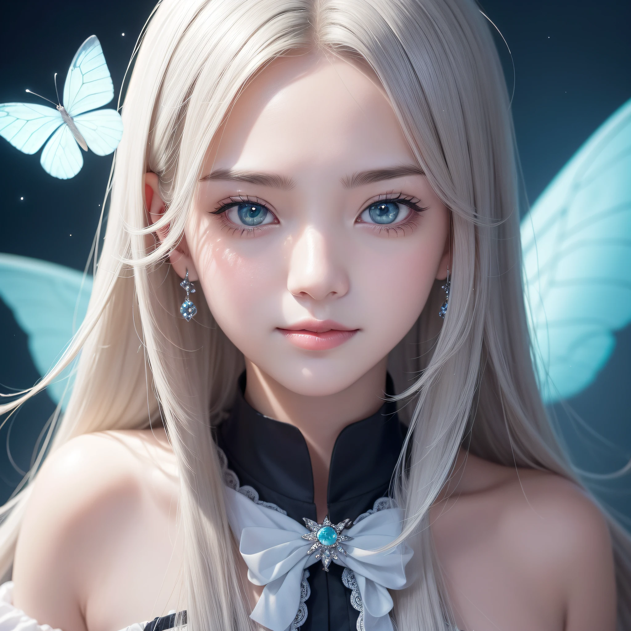 close up of face、close up of face、close up of face、Super masterpiece、vivd colour、colourfull、One woman's face、((Cute cat in clothes)),Anthropomorphic representation, Rich colors, exquisitedetails, (masutepiece,Best Quality:1.5), (Butterfly exquisite CG), (High resolution:1.5)、(deep dark green eyes、Sapphire green eyes、round and large eyes)(Smile with the corners of your mouth raised、Open your mouth a little、lipgloss)、(short silver hair、fluffy hair)、(the background is the universe、shine)、The photo is、Only very beautiful eyes are taken in close-ups.。His eyes are charming.、Has magical powers to captivate the viewer。eye color is bright、Have a deep gaze。Its color shines like a jewel、Deep, As if it spreads out like a space。There is a moist shine in his eyes.、Shine like tears。The glow is like a star々It seems to illuminate the darkness of the universe.、Mysterious and enchanting。long eyelashes that spread beautifully around the eyes,,,,,.、Makes the eyes even more attractive。There is such elegance that eyelashes envelop the eyes。There is a faint light in his eyes.、Expressions that make you feel joy and happiness.。You may see a calm expression as if you are smiling......。This beautiful eye picture is、As a symbol of beauty, Deeply moving the viewer.。The brilliance of those charming eyes is、、、、、、Engage your audience、It leaves an eternal impression on your mind。