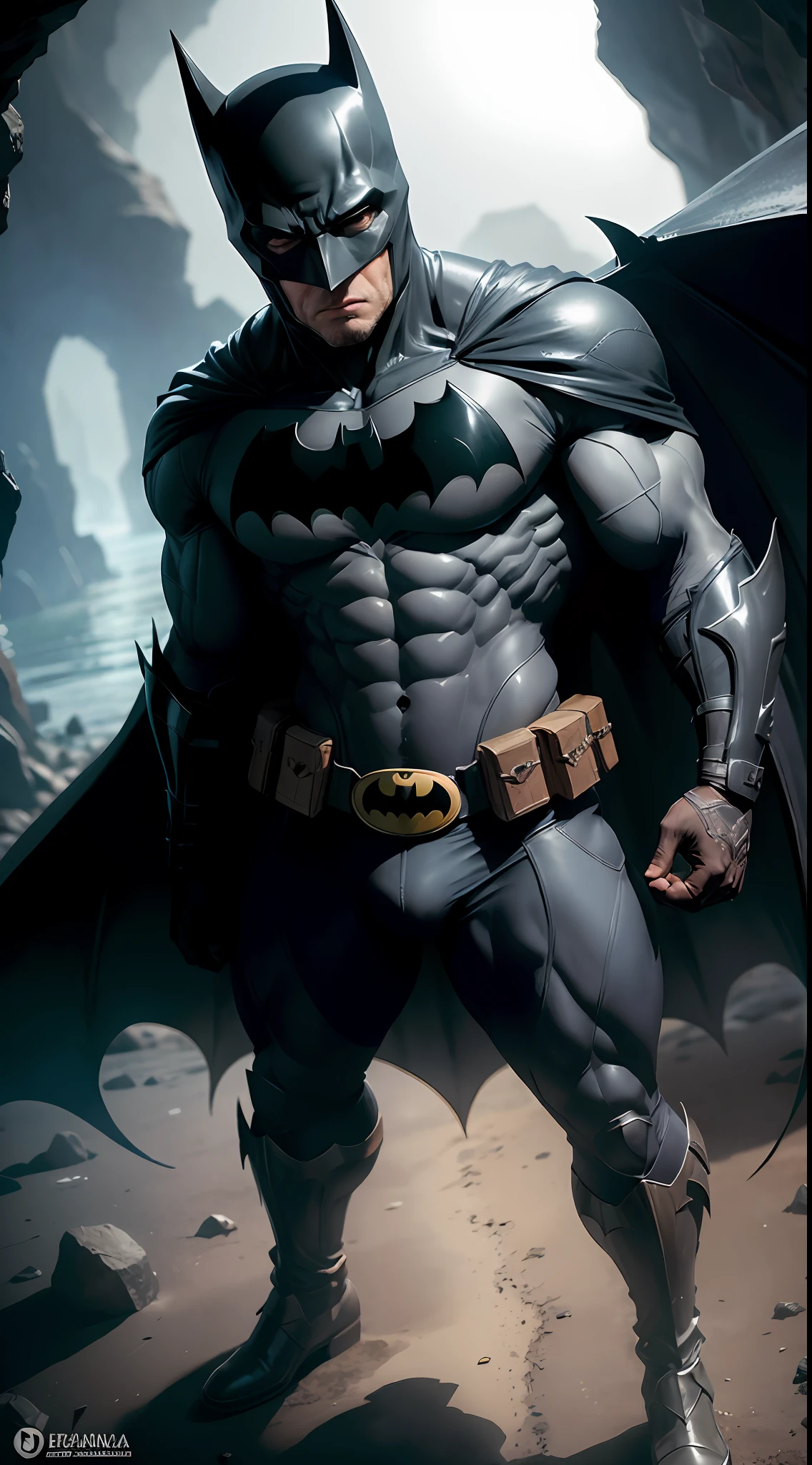 (Batman o cavaleiro das trevas), (Batman musculoso), Batman, corpo masculino, corpo musculoso, o cavaleiro das trevas, dentro de uma caverna, caverna escura, luz lua cheia, morcegos sobrevoando dentro da caverna, musculoso, uniforme detalhado e moderno, nevoeiro sombrio, batcaverna, esconderijo do Batman, luzes em seu uniforme, anti-hero pose, foto do corpo inteiro, full body angle, visible whole body, head arms legs,