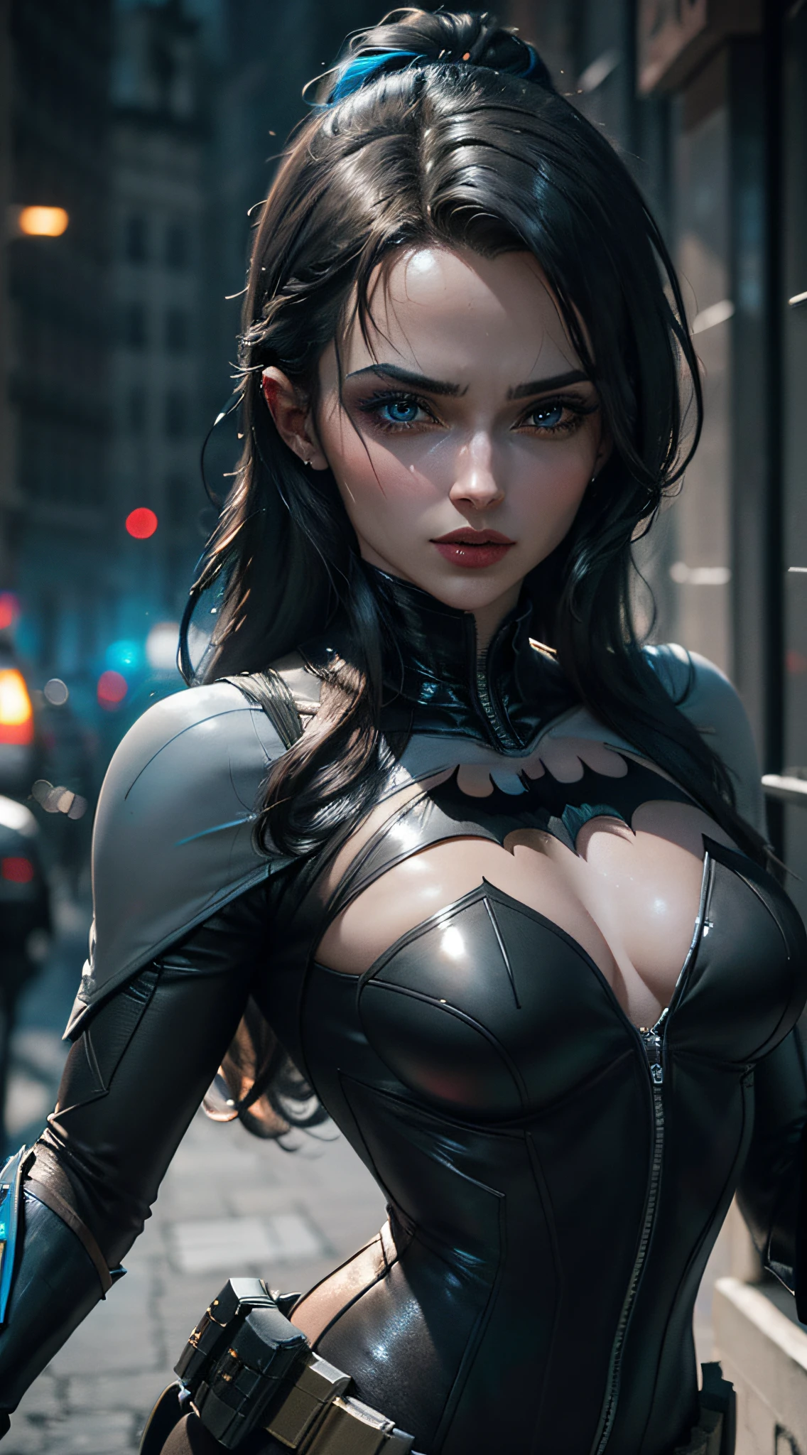 Batman em um traje futurista com um capacete brilhante e um olho azul, 8k portrait render, high detail 8 k render, high detail 8k render, Retrato do Batman, 8 k cg render, Renderizado em 8 K Unreal Engine, Retrato do Batman, Batman cyberpunk, 8k render, 8 k render, 3 d render arte do caractere 8 k, Realistic 8K rendering