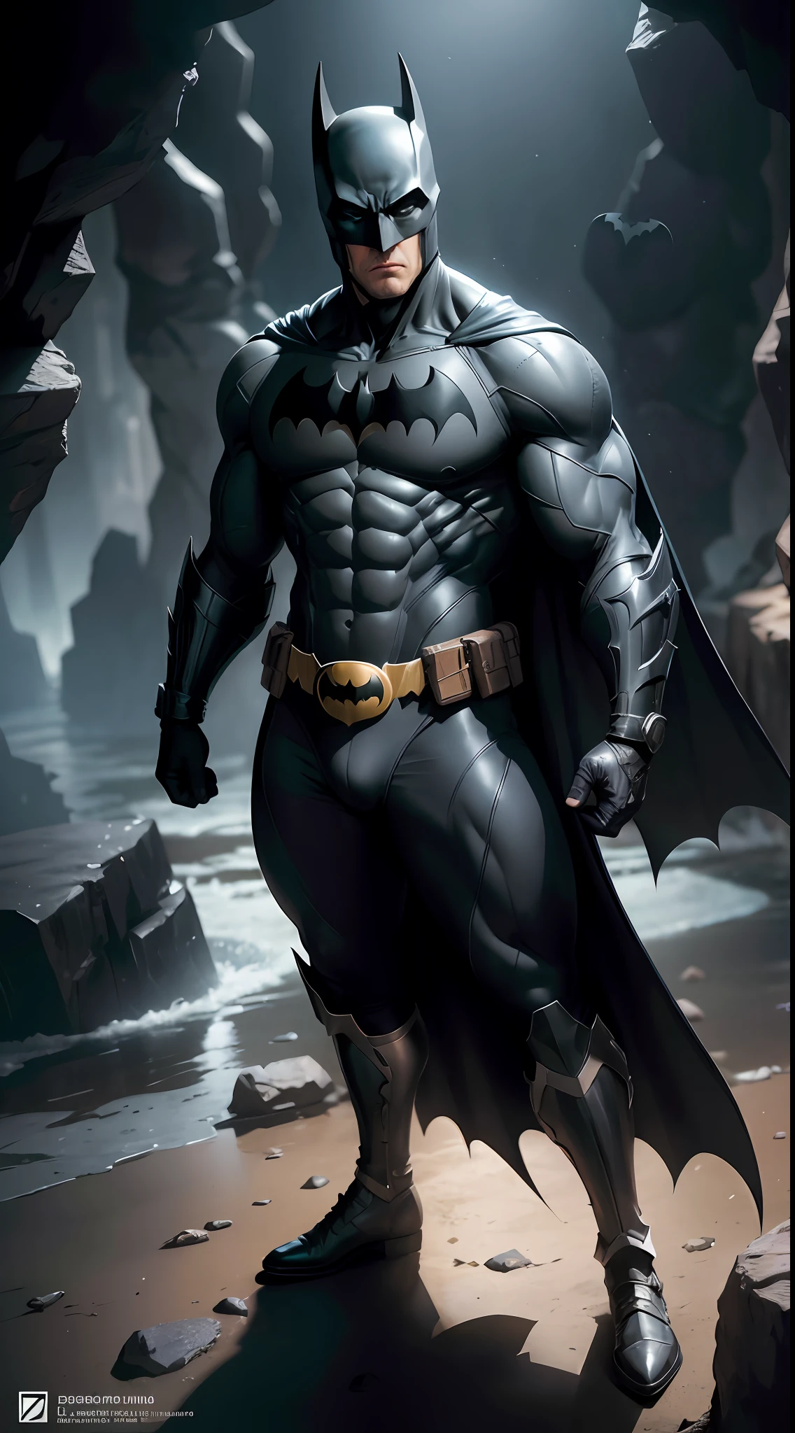 (Batman o cavaleiro das trevas), (Batman musculoso), Batman, corpo masculino, corpo musculoso, o cavaleiro das trevas, dentro de uma caverna, caverna escura, luz lua cheia, morcegos sobrevoando dentro da caverna, musculoso, uniforme detalhado e moderno, nevoeiro sombrio, batcaverna, esconderijo do Batman, luzes em seu uniforme, anti-hero pose, foto do corpo inteiro, full body angle, visible whole body, head arms legs,