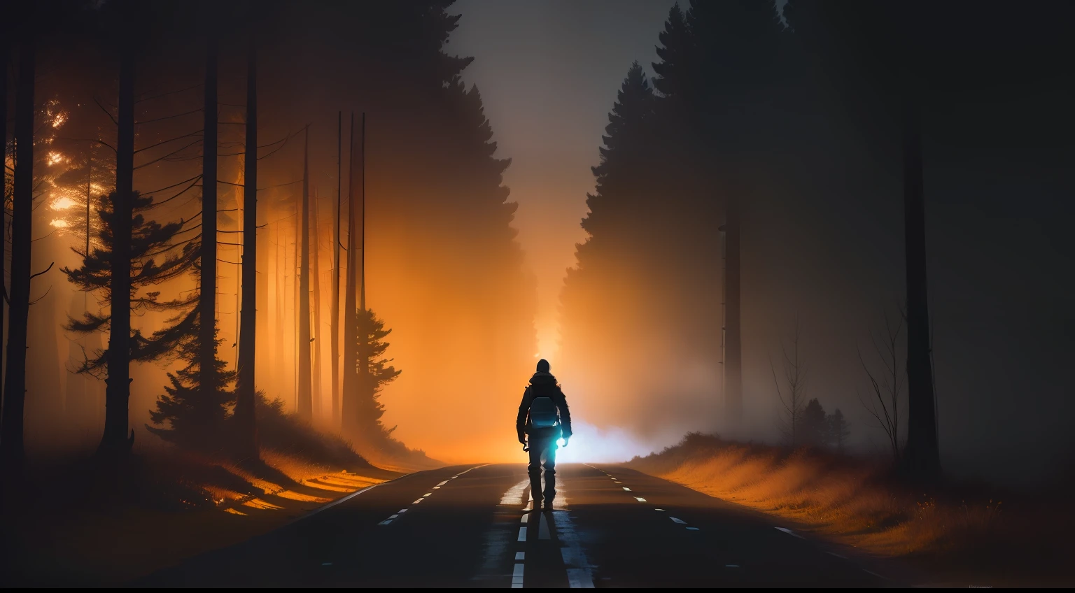 Pessoa que caminha por uma estrada no meio de uma floresta, Lonely human walking, Mikko Lagerstedt, Foto nebulosa 8 K, para o desconhecido, nevoeiro laranja, mystical orange fog, Pessoa encapuzada obscurecida andando, Homem misterioso, nevoeiro escuro rodeia-o, atmospheric portrait, cinematic atmospheric photo, A sense of mystery and loneliness, Afastando-se