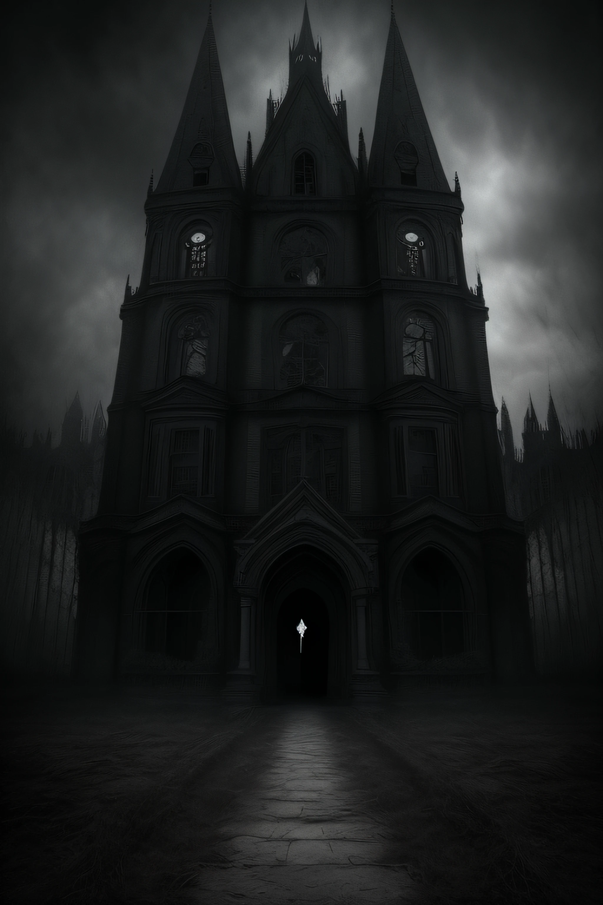Surrealism dark emotional and romantic broken down haunted gothic mansion double exposure texture