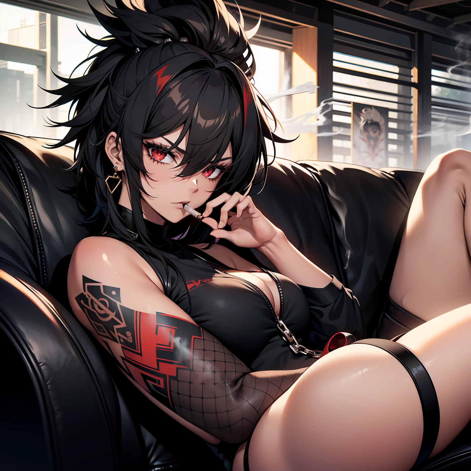 woman, shoprt hair, mohawk, black hair, tattoo body, Lying on a couch, red eyes,smoking cigar,, tired expression, em um deposito abandonadoangulo de camera para cima, 4k