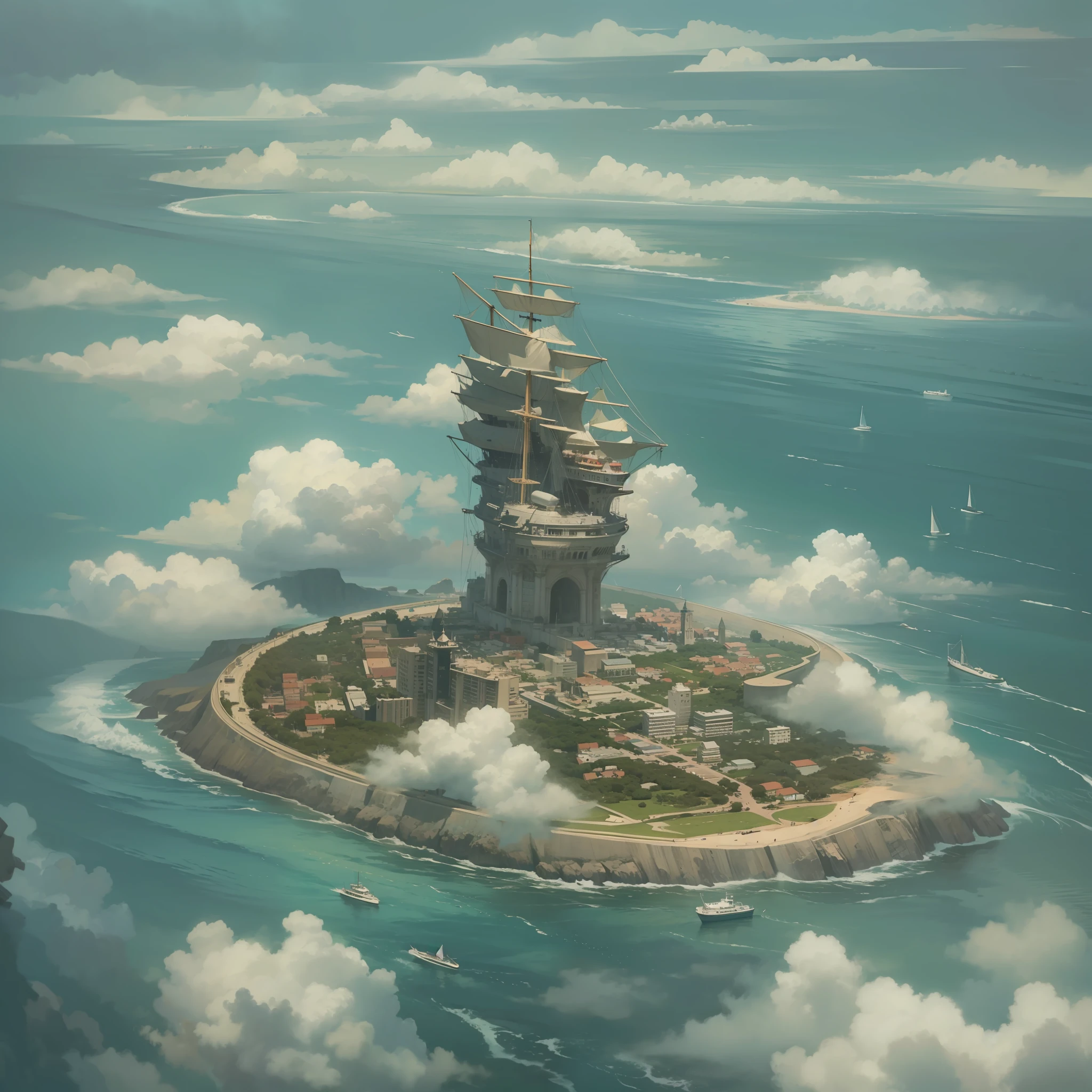 isla flotante, voladora en medio del oceano, cielo oceano