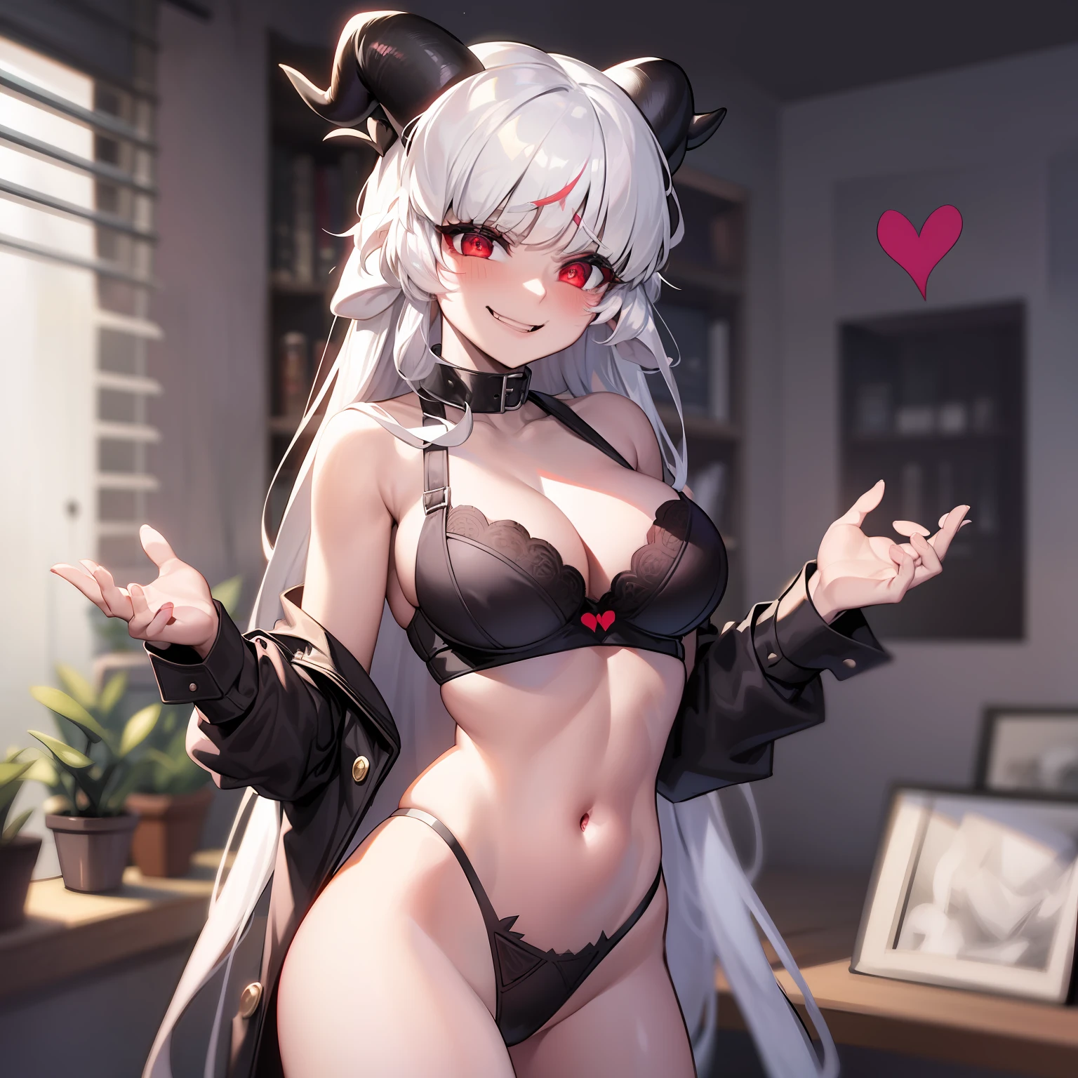 modeus(helltaker), black horns, large breasts, red eyes, symbol-shaped pupils, bra, solo, white hair, medium hair, demon tail, smile, blush, black panties, cleavage, 1girl, heart, demon horns, tail, horns, heart-shaped pupils, looking at viewer, panties, navel, black bra, underwear only, underwear, demon girl