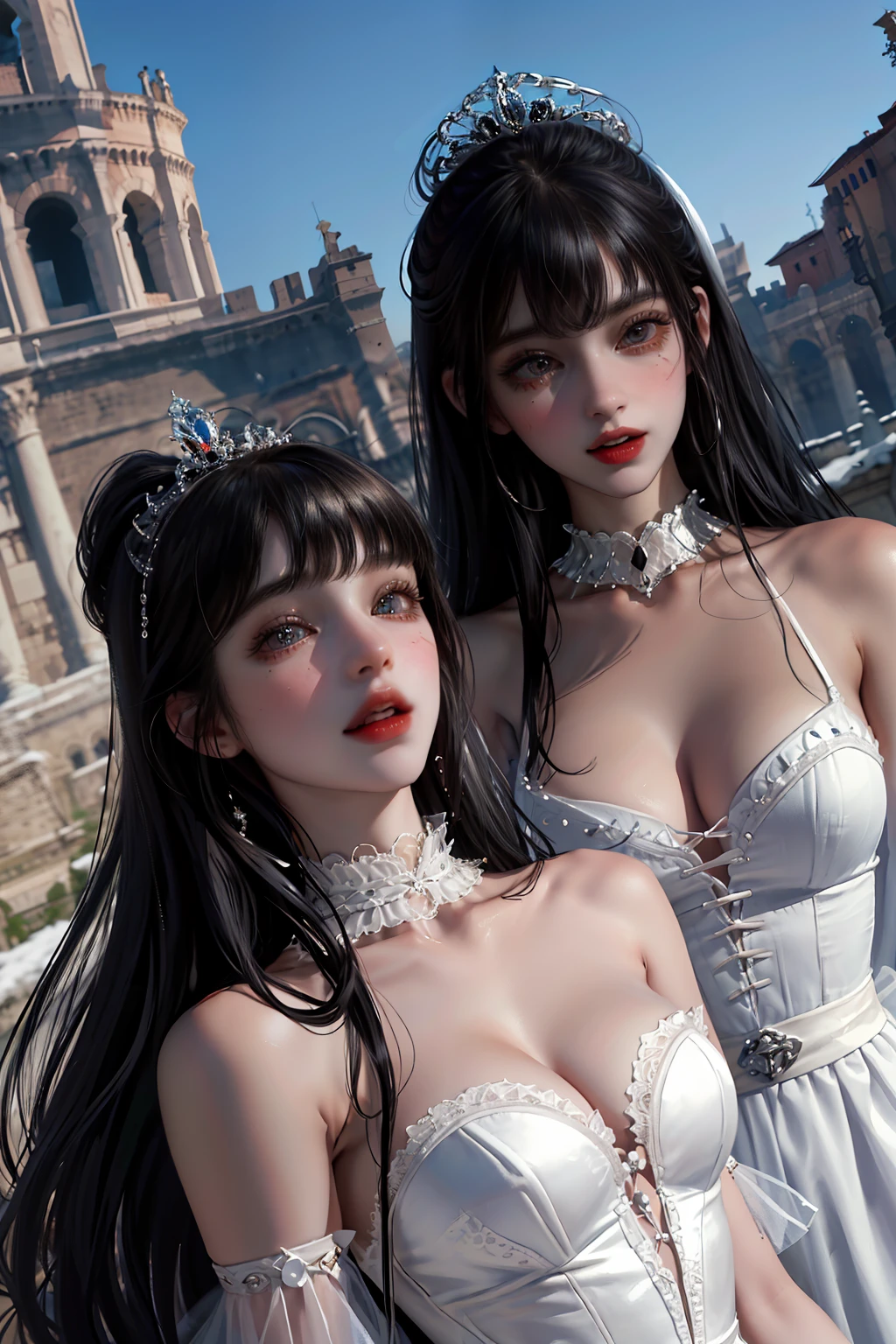 (Masterpiece),(Best quality),(Ultra-detailed), (full bodyesbian:1.2),
2girls,duo,Silk,Satin,Princess Eyes,Castel Sant'Angelo in Rome,winter,Snow,crowd,Cute, Smile, Open mouth, Blurry,  bangs, Black hair,
(Beautiful detailed face), (Beautiful detailed eyes),