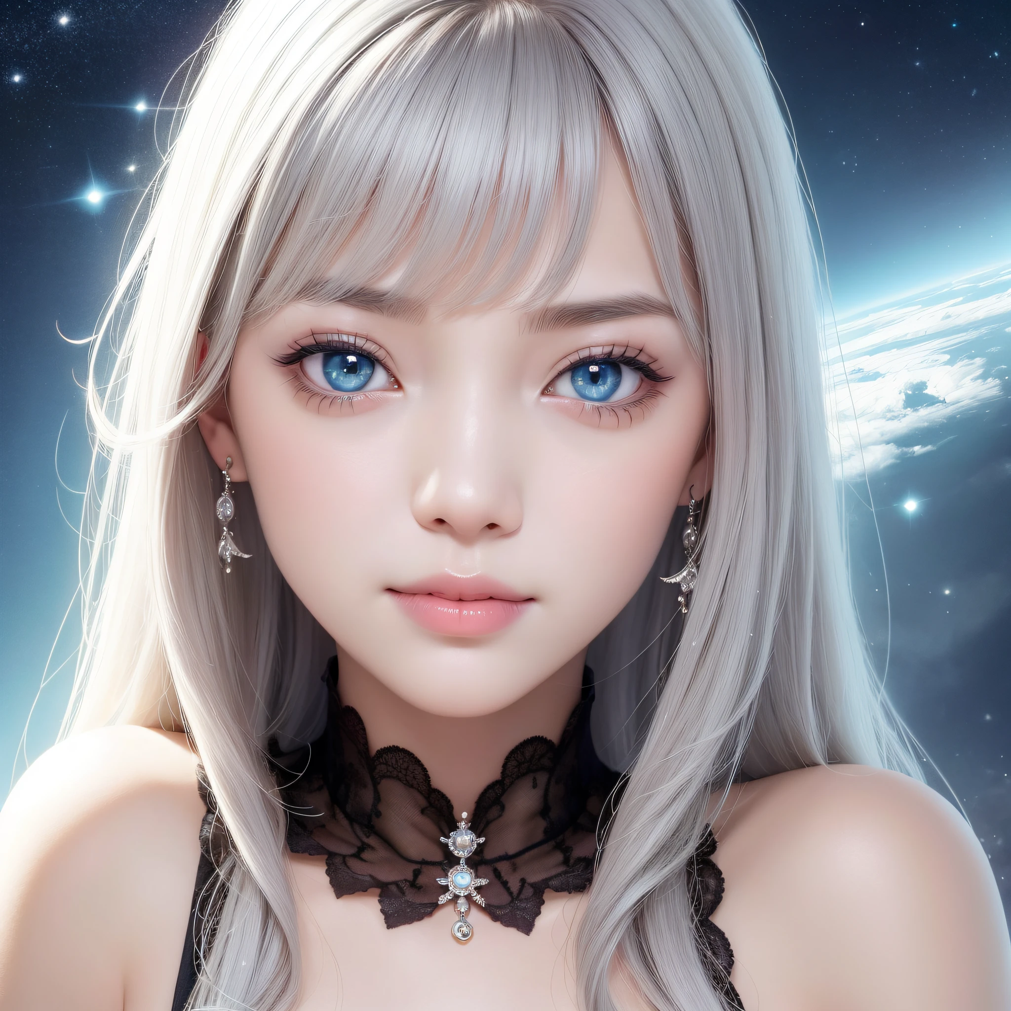 close up of face、close up of face、close up of face、Super masterpiece、vivd colour、colourfull、One woman's face、((Cute cat in clothes)),Anthropomorphic representation, Rich colors, exquisitedetails, (masutepiece,Best Quality:1.5), (Butterfly exquisite CG), (High resolution:1.5)、(deep dark green eyes、Sapphire green eyes、round and large eyes)(Raise the corners of your mouth and smile、Open your mouth a little、lipgloss)、(short silver hair、fluffy hair)、(the background is the universe、shine)、The photo is、Only very beautiful eyes are taken in close-ups.。His eyes are charming.、Has magical powers to captivate the viewer。eye color is bright、Have a deep gaze。Its color shines like a jewel、Deep, As if it spreads out like a space。There is a moist shine in his eyes.、Shine like tears。The glow is like a star々It seems to illuminate the darkness of the universe.、Mysterious and enchanting。long eyelashes that spread beautifully around the eyes,,,,.、Makes the eyes even more attractive。There is such elegance that eyelashes wrap around the eyes。There is a faint light in his eyes.、Expressions that make you feel joy and happiness.。You may see a calm expression as if you are smiling.....。This beautiful eye picture is、As a symbol of beauty, Deeply moving the viewer.。The brilliance of those charming eyes is、、、、、Engage your audience、It leaves an eternal impression on your mind。